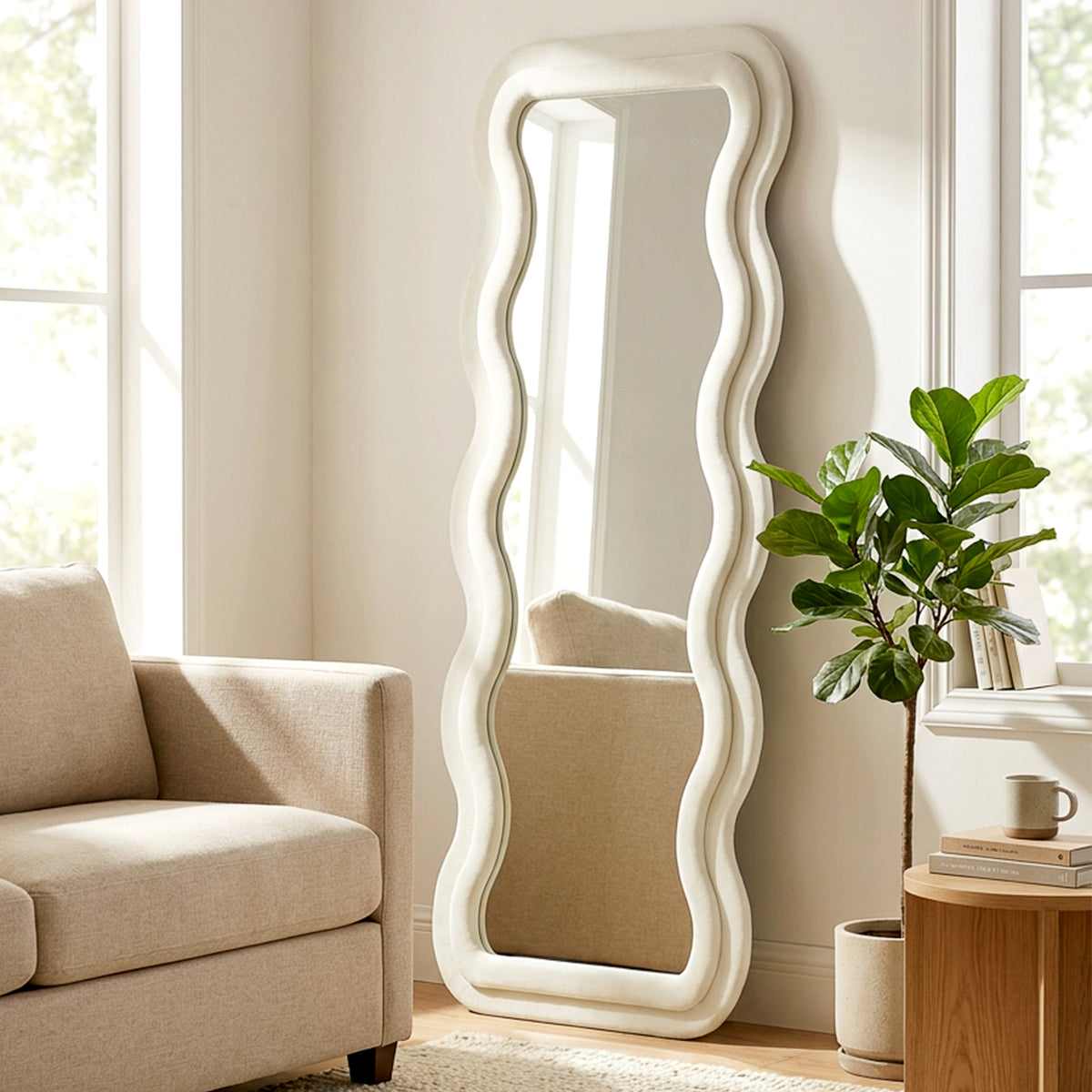 HOMCOM Full Length Mirror, 160 X 60 Cm Velvet Wall Standing Mirror, Cream