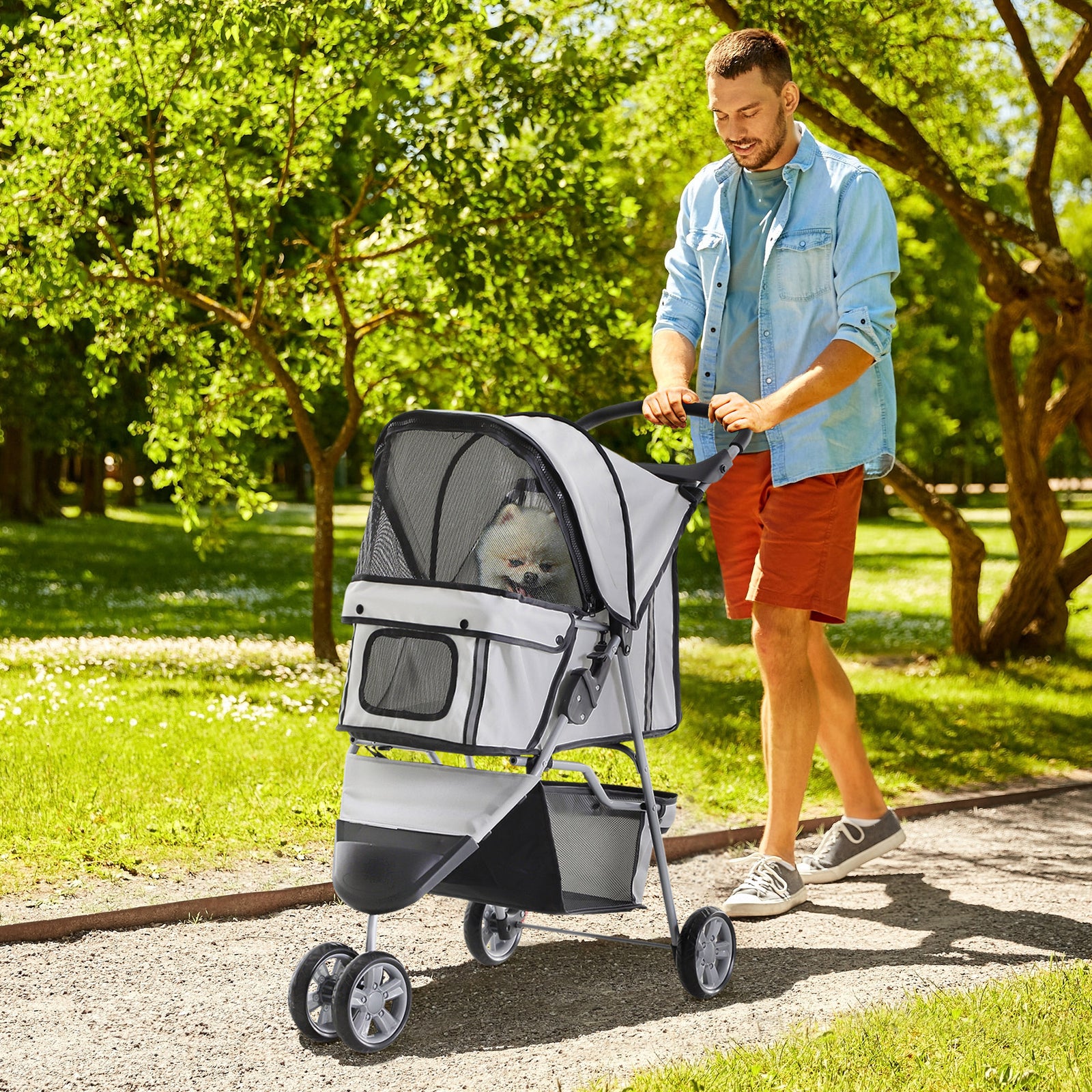 Pet Stroller Pushchair Carrier For Cat Puppy With 3 Wheels | Gray