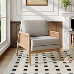 Well-crafted Modern Fabric Armchair With Wooden Frame And Caned Sides, Fluffy Backrest And Thick Cushions | Grey
