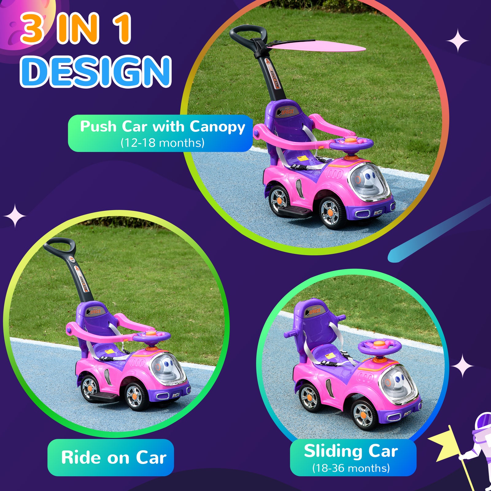 3 In 1 Ride On Push Car, Cartoon Robot Foot To Floor Slider | Pink