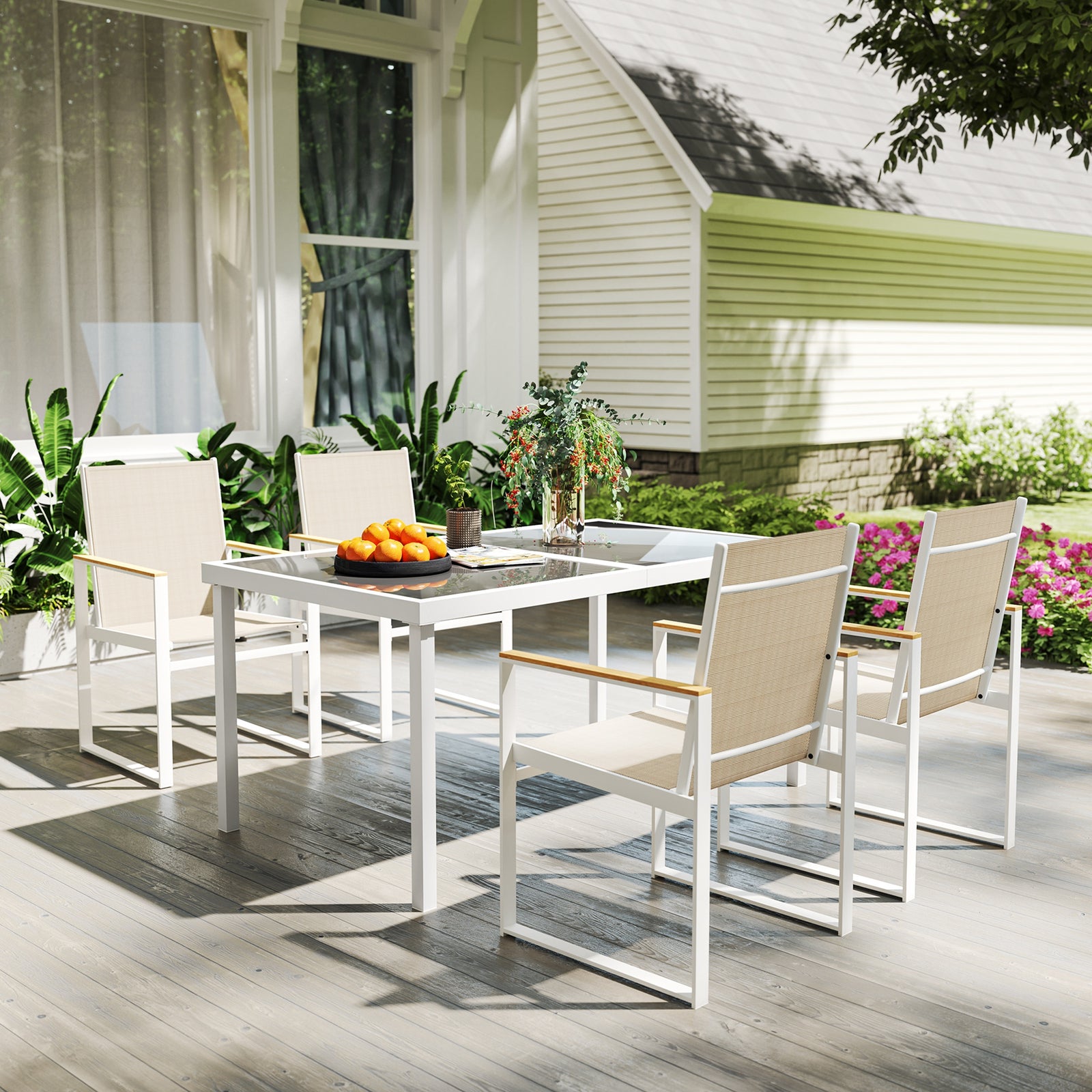 5 Piece Garden Table And Chairs W/ Tempered Glass Table Top