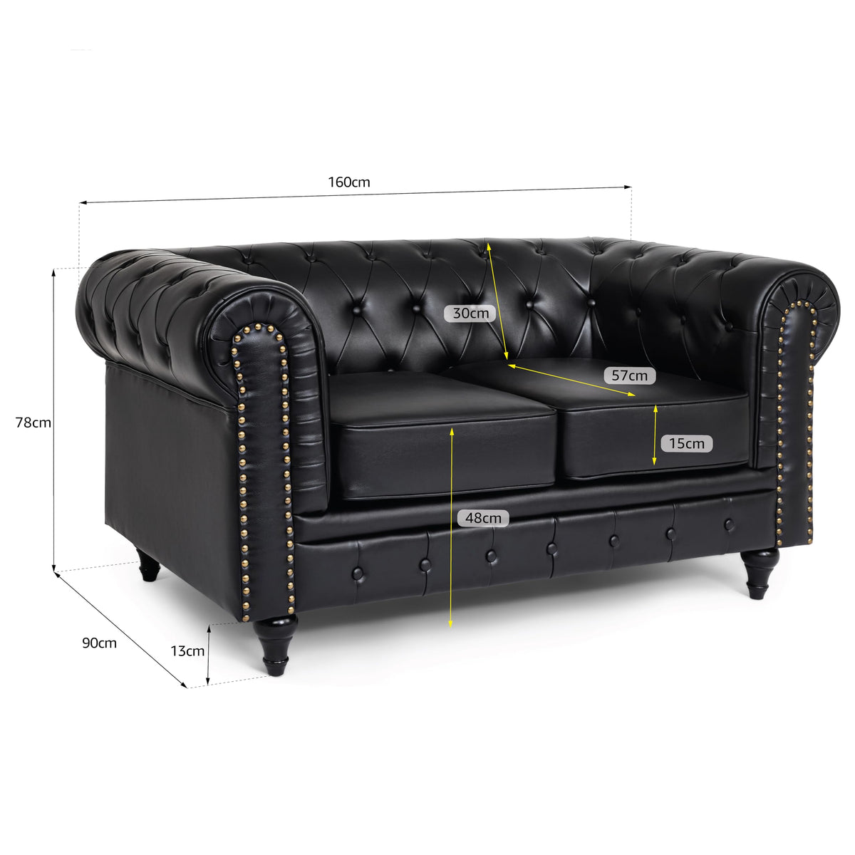 Chesterfield Scroll Arm Faux Leather Sofa 2 Seater | Black