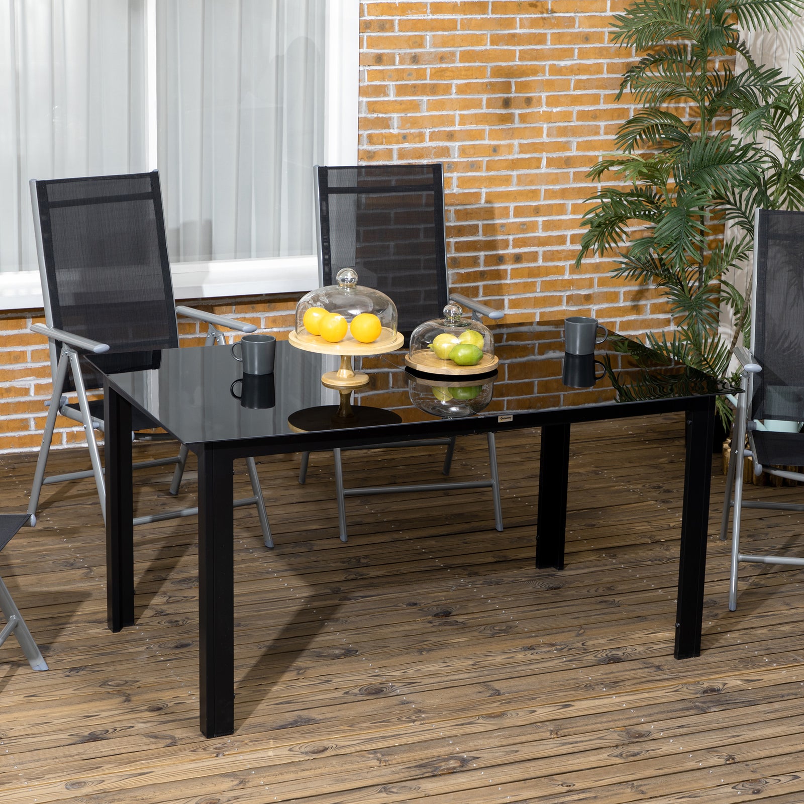 Outdoor Garden Dining Table For 6, Glass Top, Black