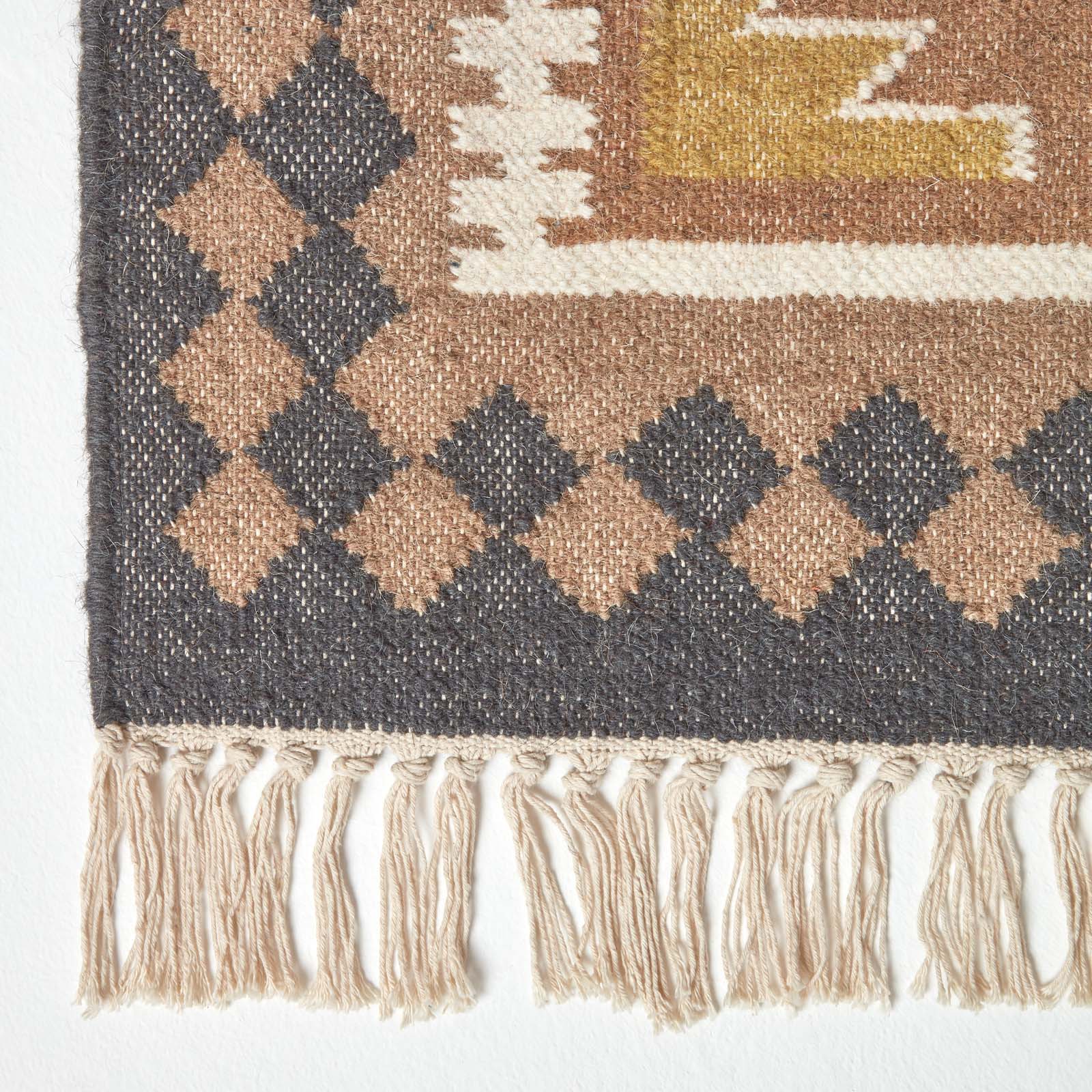 Jaipur Handwoven Brown And Orange Kilim Wool Rug | 150cm x 220cm | Brown