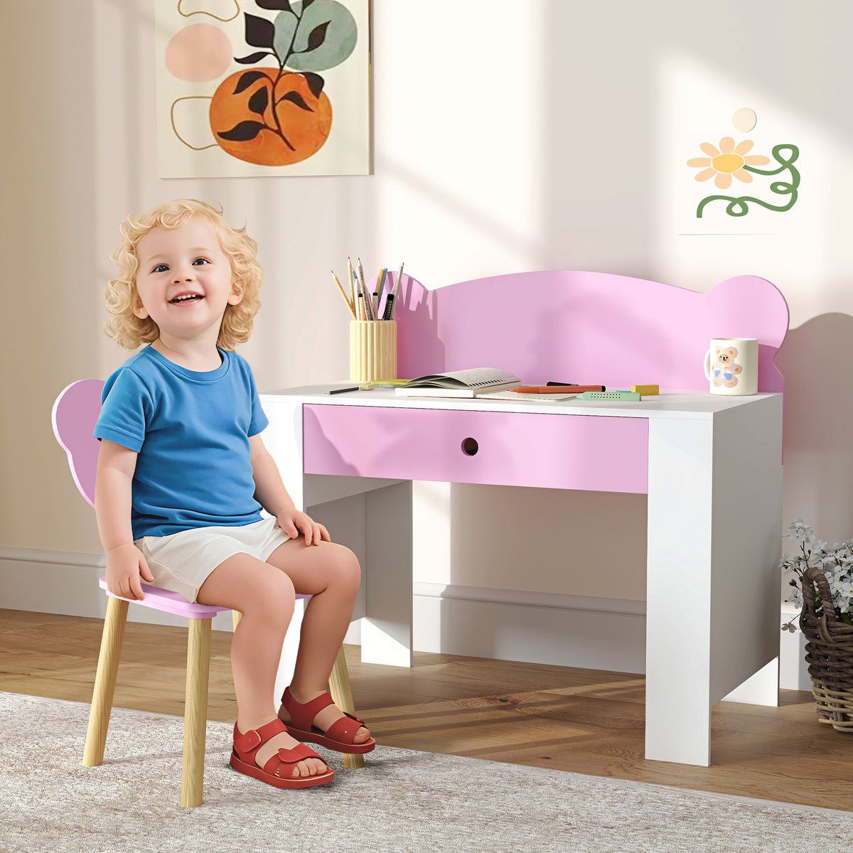 AIYAPLAY Kids Desk And Chair Set, Children Writing Table With Drawer, Pink