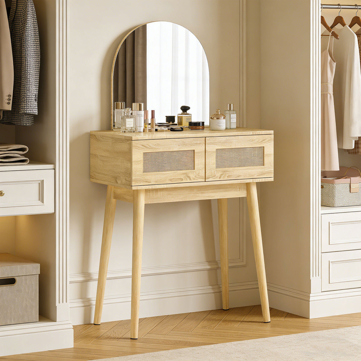 HOMCOM Dressing Table, Vanity Desk W/ Mirror, 2 Drawers, Natural Wood Finish