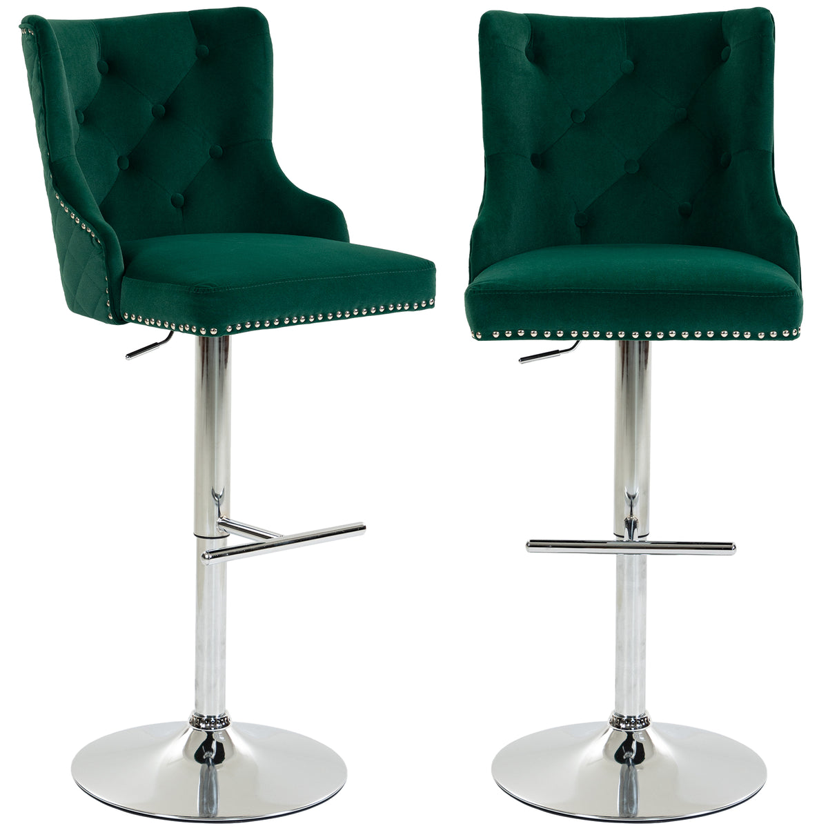 HOMCOM Bar Stools Set Of 2, Swivel Velvet Barstools With Footrest, Green