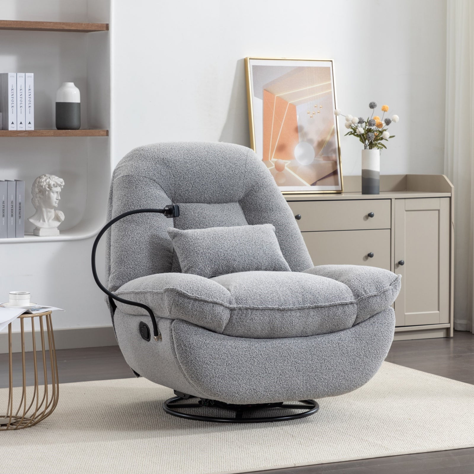 Fallon Boucle Fabric Swivel Based Recliner Chair Phone Holder | Light Slate Grey