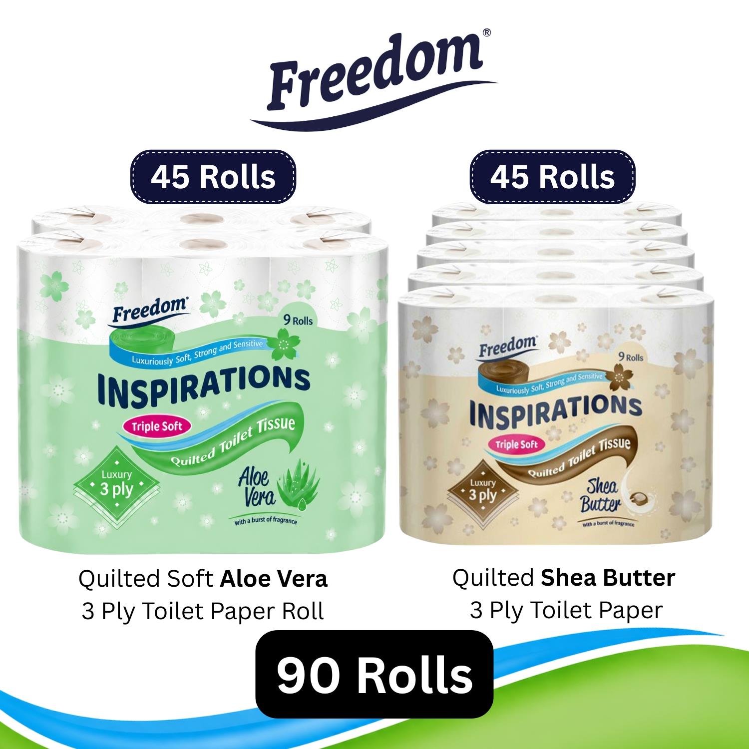 Freedom Aloe Vera 3-ply Toilet Paper 45 Rolls + Shea Butter 45 Rolls
