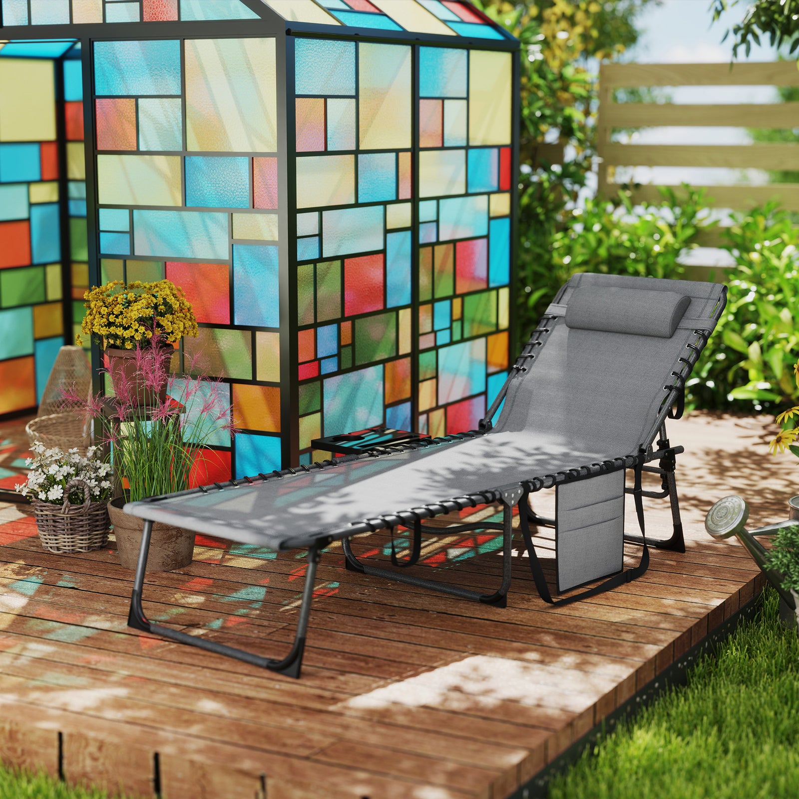 Folding Sun Lounger With 5-level Reclining Back, Side Table