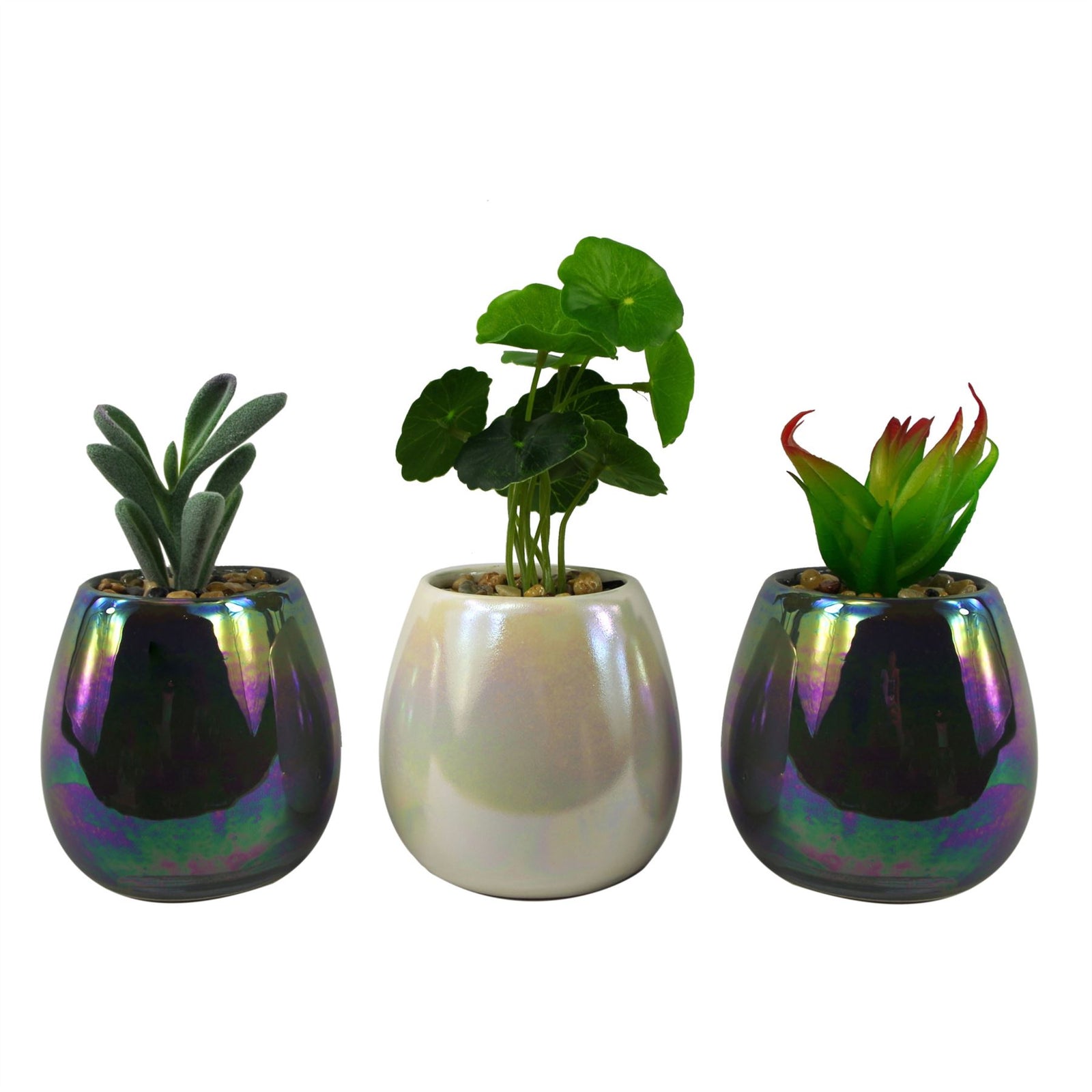 15cm Set Of Three Grey White Mix Ceramic Mini Planters With Artificial Succulent Plants