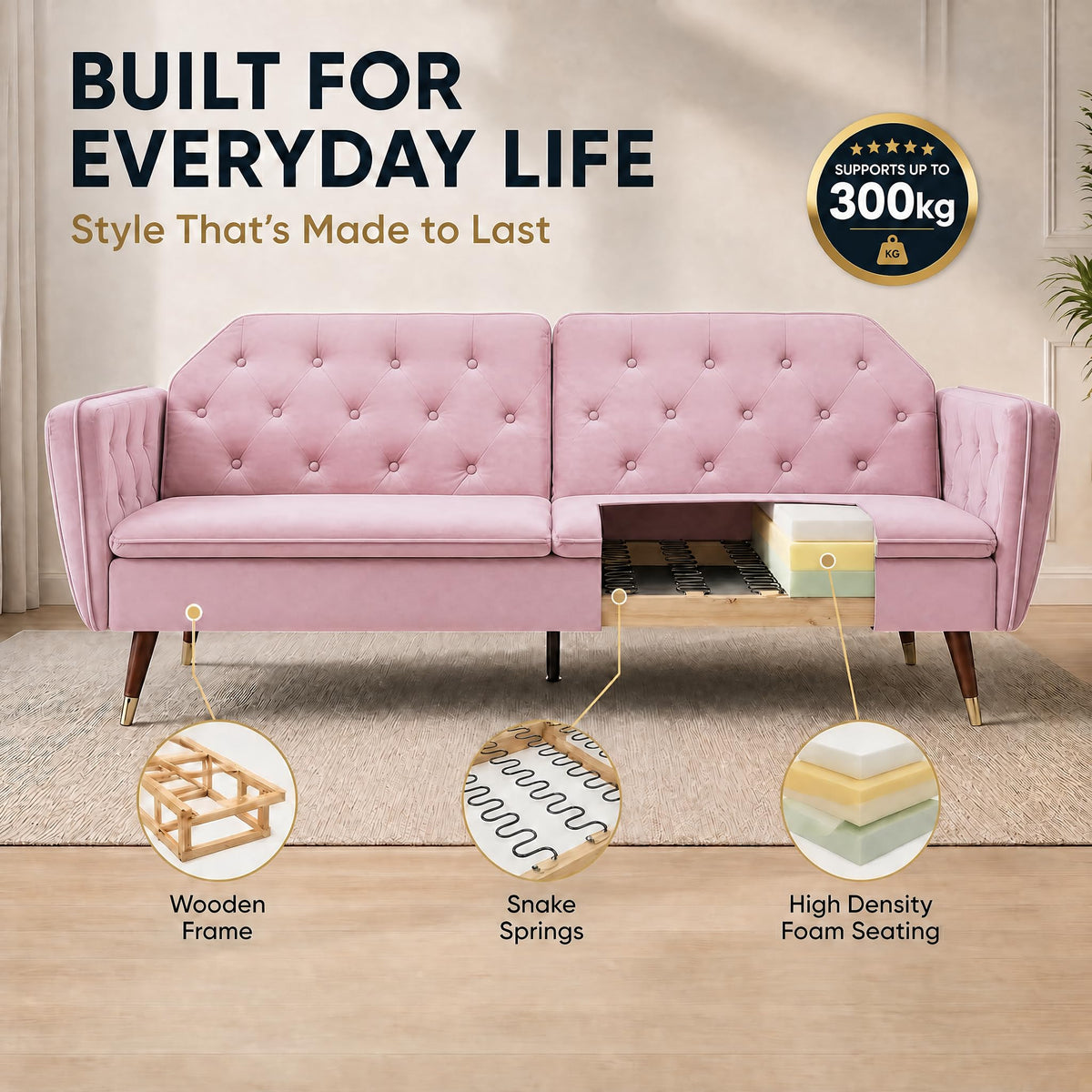 Victoria Velvet Sofa Bed 3 Seater | Pink