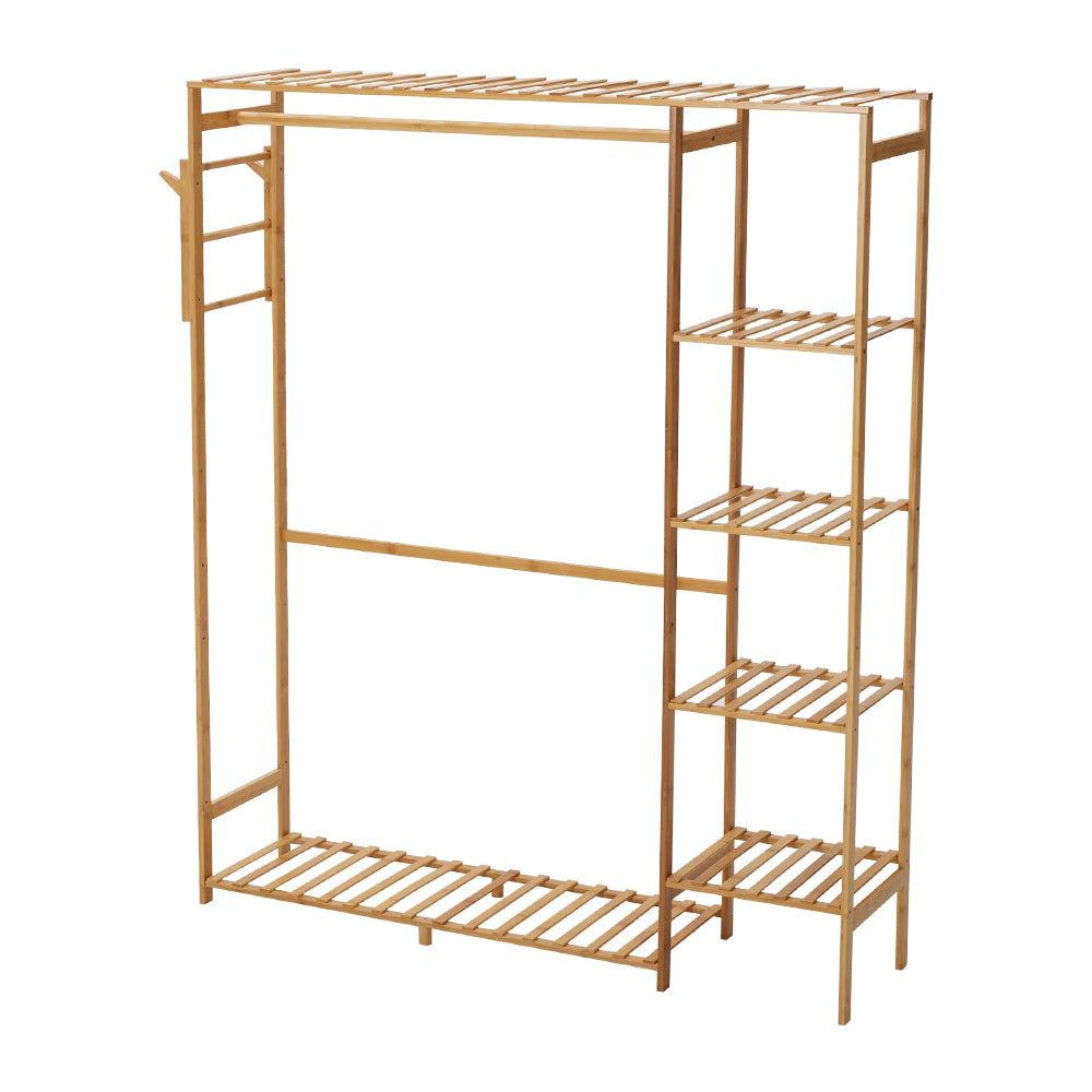 Wooden Garment Rack With Side Hooks Multi-functional Freestanding Clothes Organizer | Small | Natural