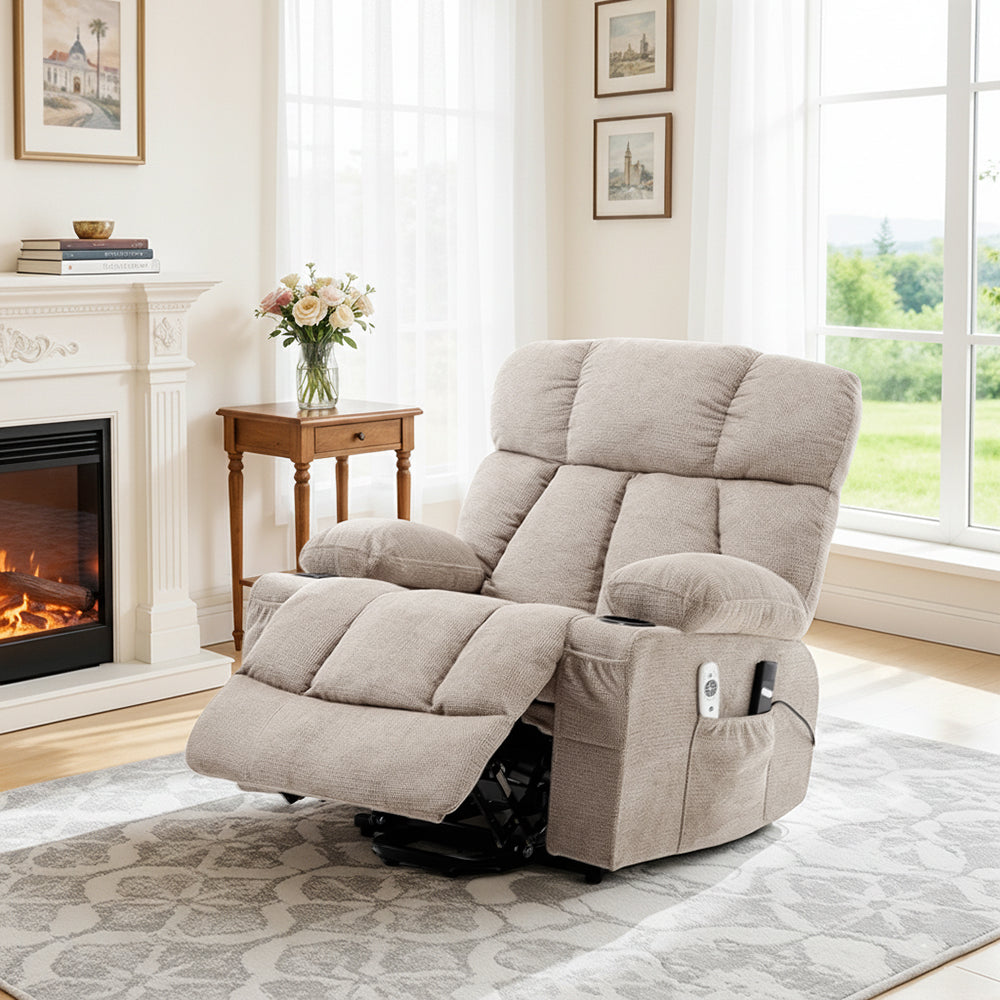 Oatmeal Electric Recliner Chair, Chenille Fabric, Heat & Massage, Cup Holders & Side Pockets