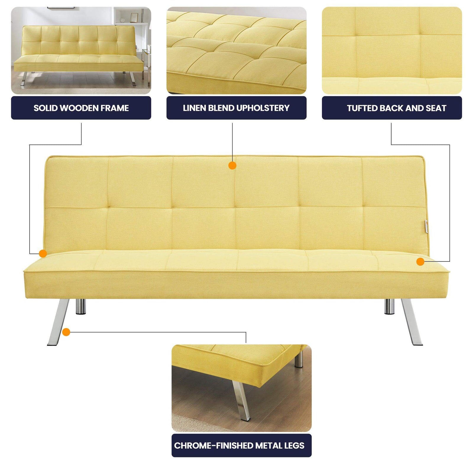 Click Clack Linen Blend Sofa Bed - 3 Seater | Yellow