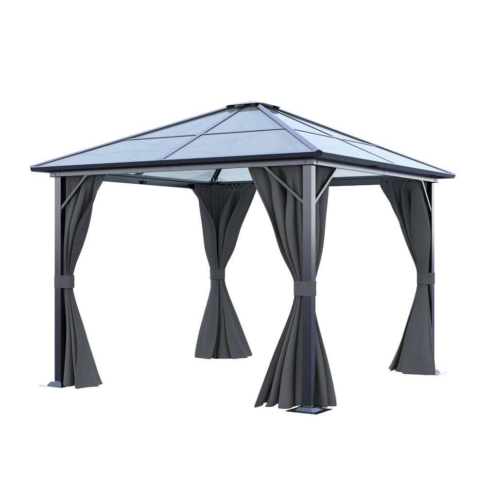 3x3m Hardtop Patio Gazebo With Curtains Metal Frame Outdoor Canopy Shelter 2.6m Height