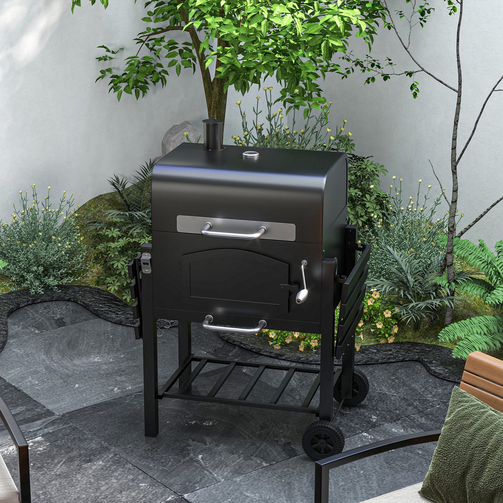 Charcoal Grill Trolley, Adjustable Height, Smoker | Black