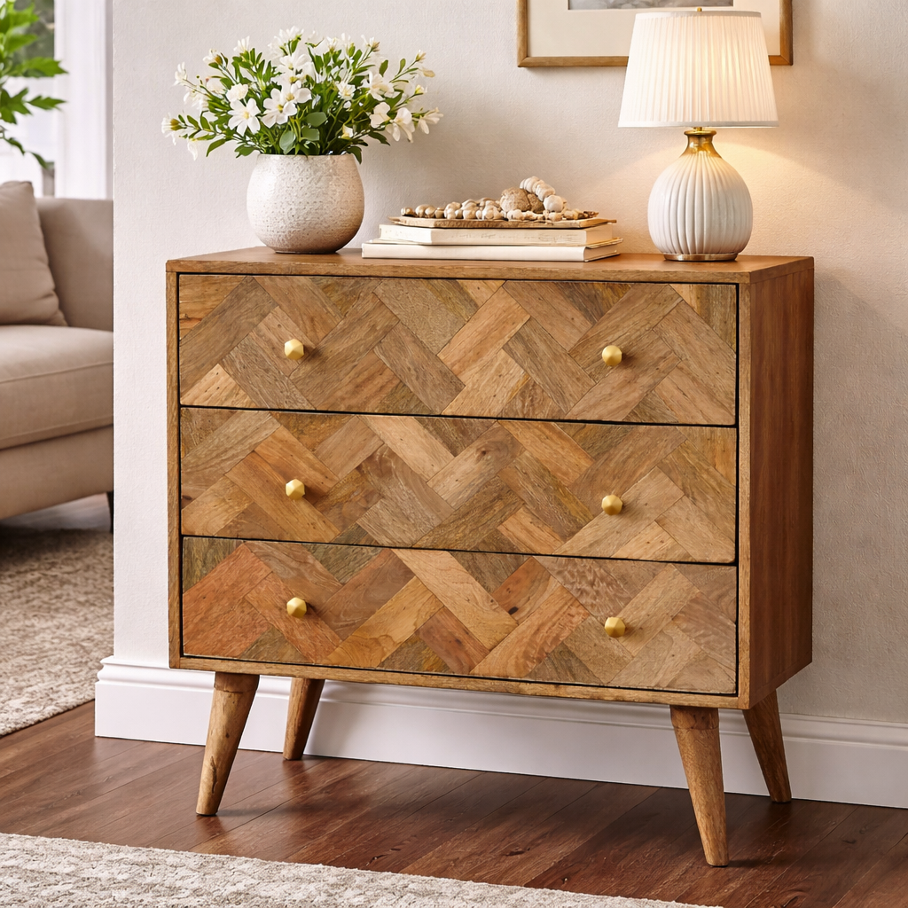 Artisan Furniture Solid Mango Wood 3 Drawer Zig-zag Patterned Patchwork Chest