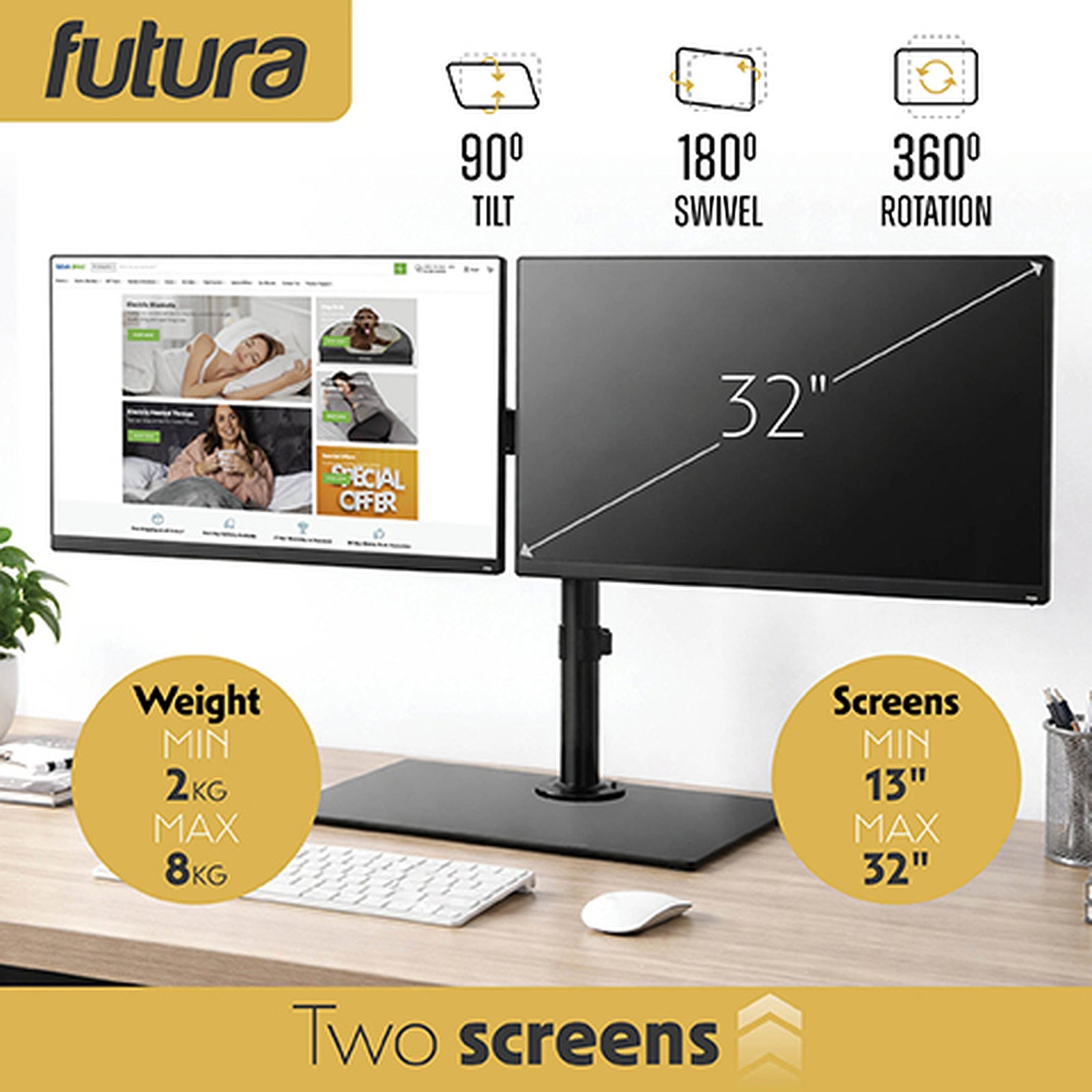 Futura Dual Monitor Stand 13 To 32 Inch Height Adjustable Freestanding Base Supports 8kg Per Arm