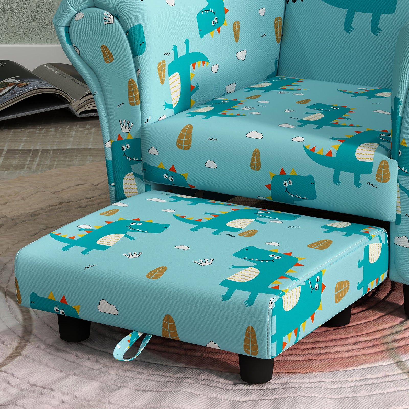 2 Piece Kids Sofa Set With Dinosaur Design, For Nursery | Blue
