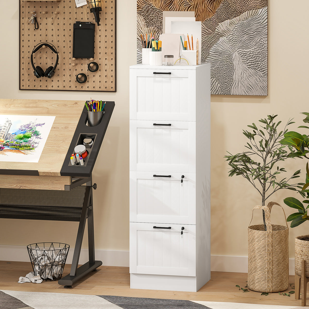 HOMCOM 4 Drawer File Cabinet With Lock And Adjustable Hanging Bars