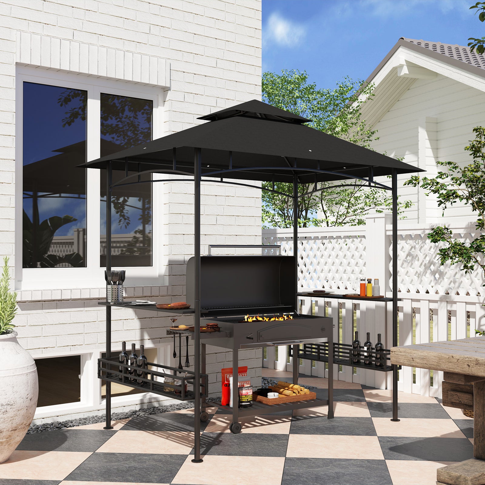 8' X 5' Grill Gazebo Canopy With 2 Side Shelves, Hook | Dark Gray