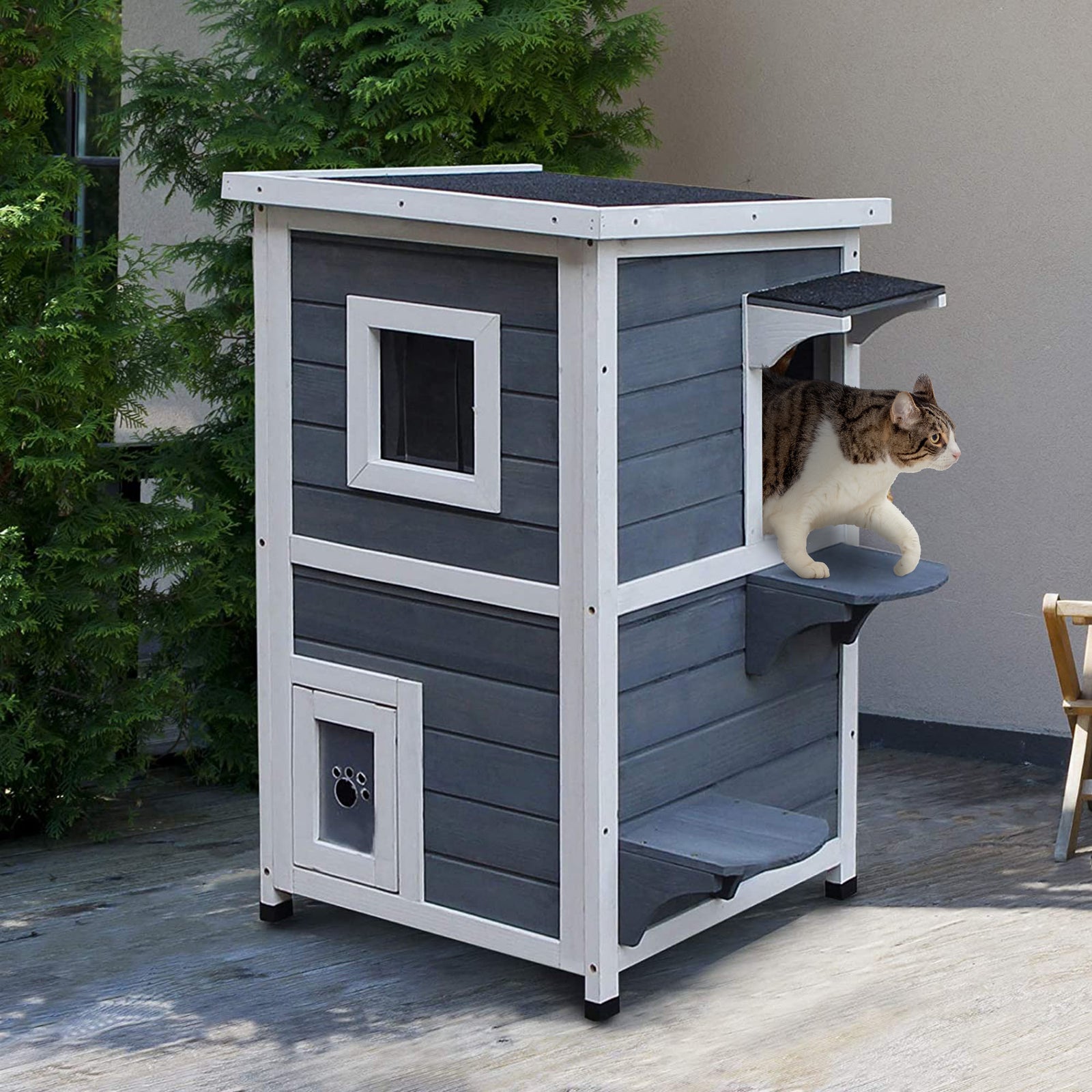 Wooden Cat House Condos Cat Cave 2 Floor Pet Shelter Outdoor Furniture