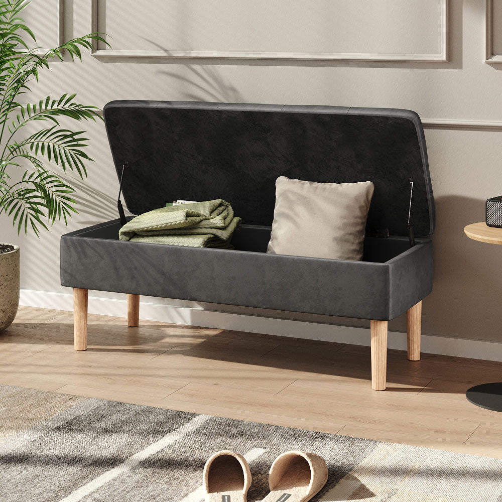 Velvet Storage Bench With Rubber Wooden Leg