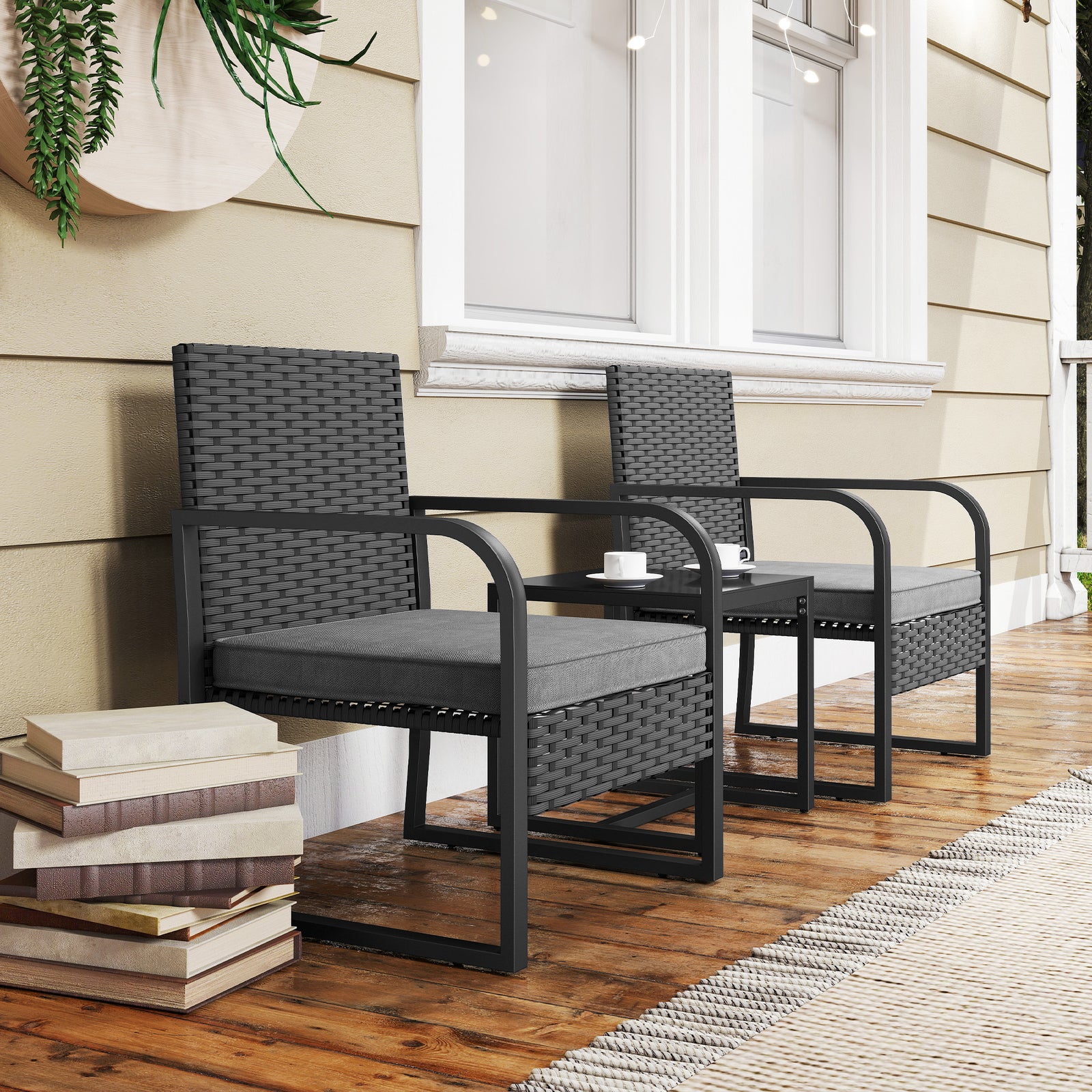 Outsunny Rattan Bistro Set, 3 Piece Garden Furniture Set Cushions, Black