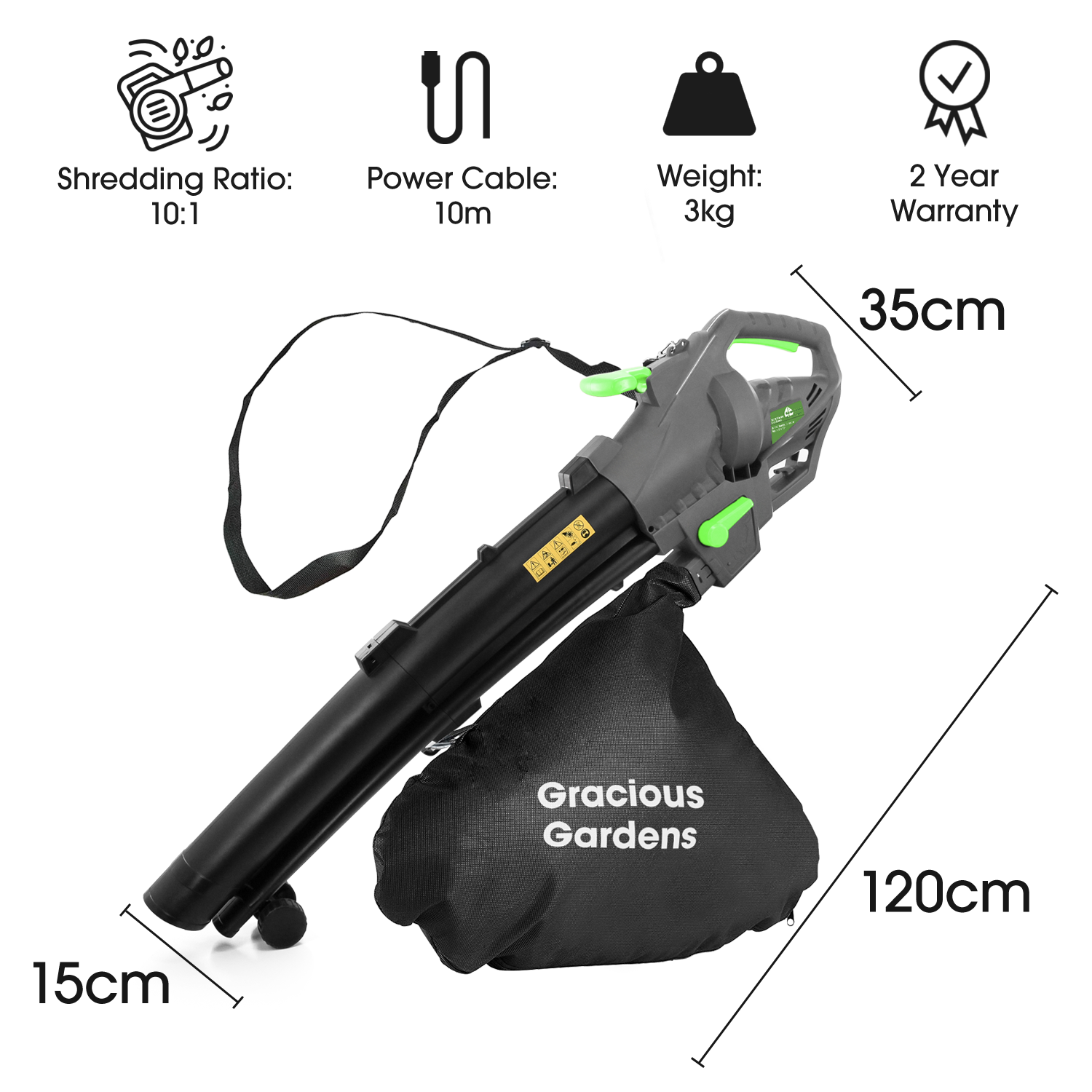 Garden Leaf Blower Vacuum And Shredder 35l Leaf Collection Bag 3000w 10m Cable Lightweight Design Leaf Vacuum
