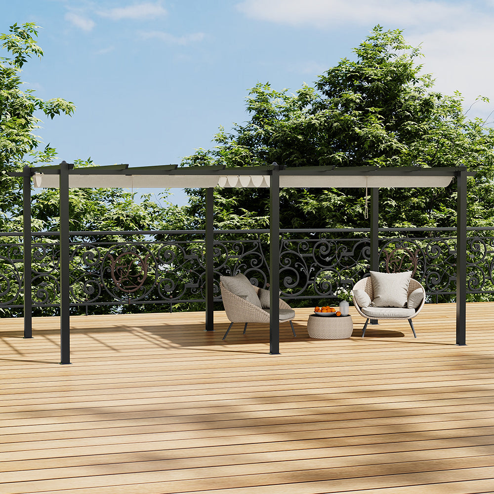 3m X 6m Aluminium Pergola With Retractable Roof,pu-coated Water-resistant Canopy,black Frame Patio Shelter For Garden, Backyard | Beige