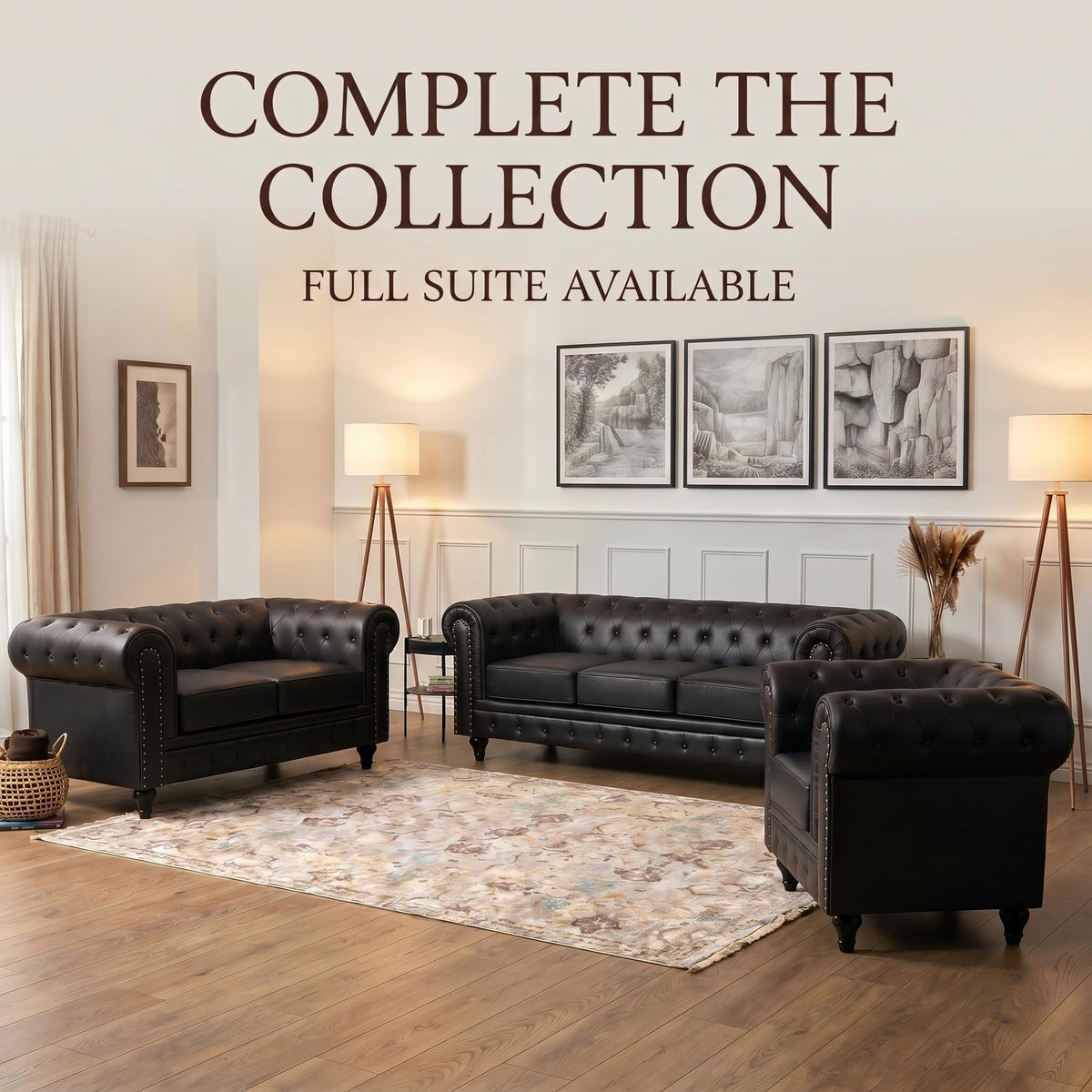Chesterfield Scroll Arm Faux Leather Sofa 3 Seater | Black