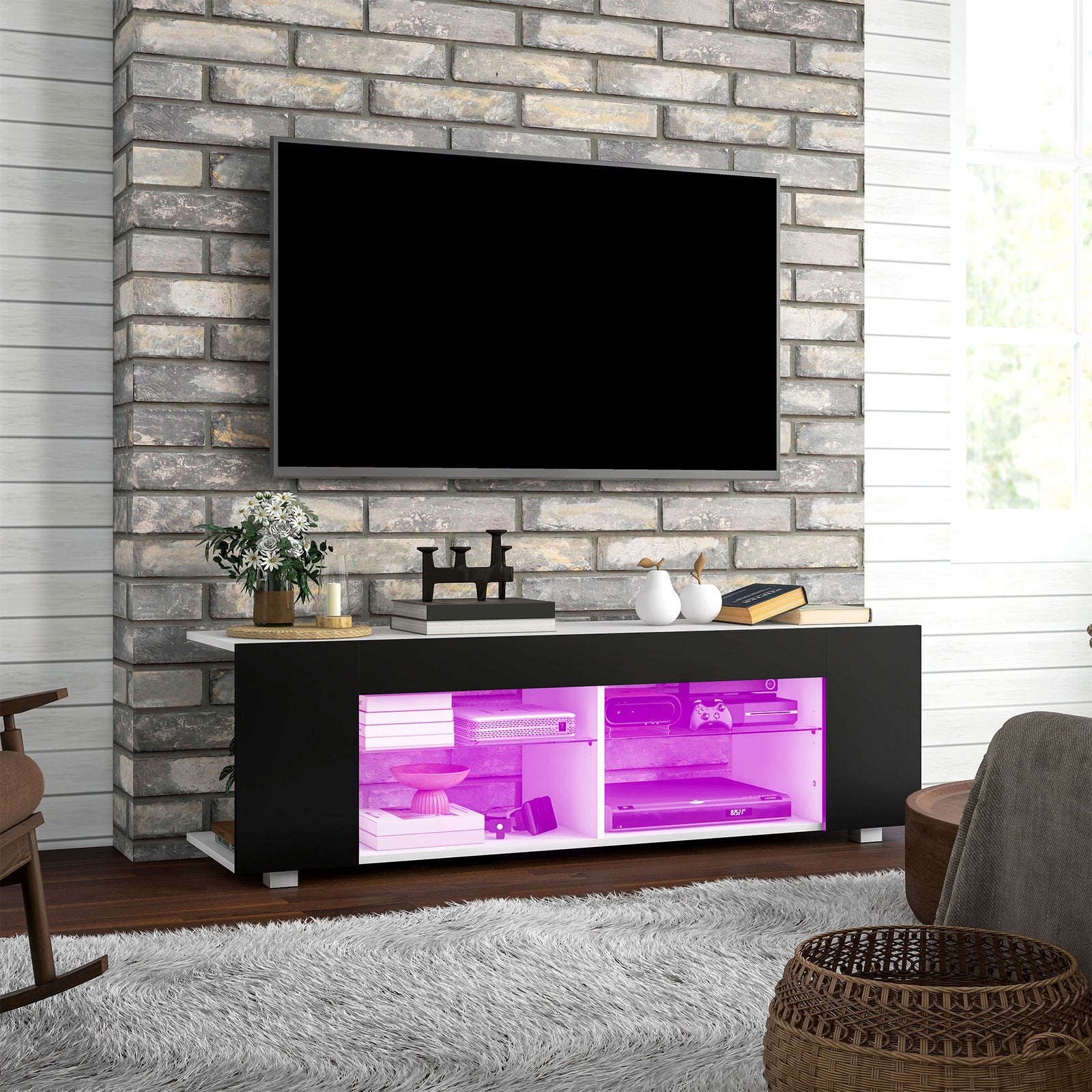 Tv Stand 145cm Glass Shelves Rgb Led | Black