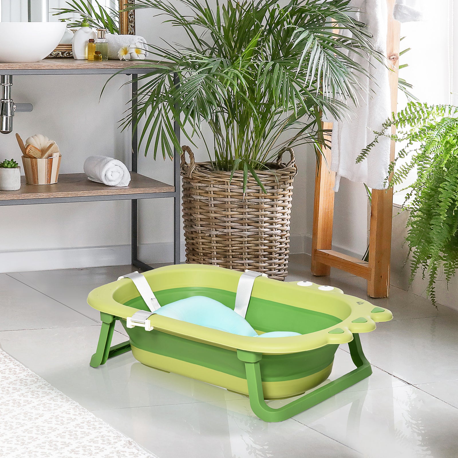 Baby Bath Tub For Toddler Foldable W/ Baby Cushion For 0-3 Years Green