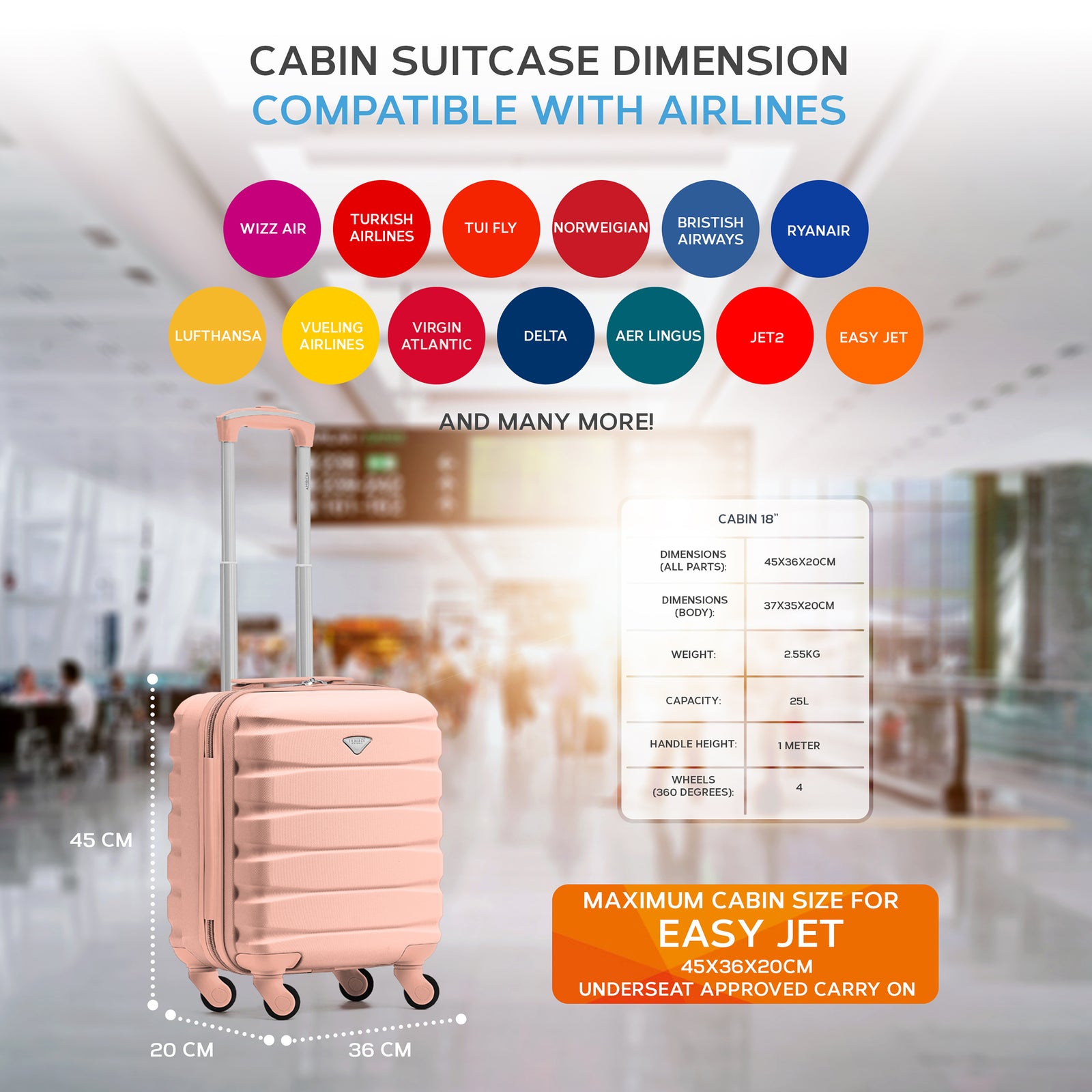 45x36x20cm Lightweight Underseat Cabin Carry On Suitcase - 100+ Airline Approved - Hard Shell Luggage - 4 Wheels | 45 x 36 x 20cm | Rose Gold