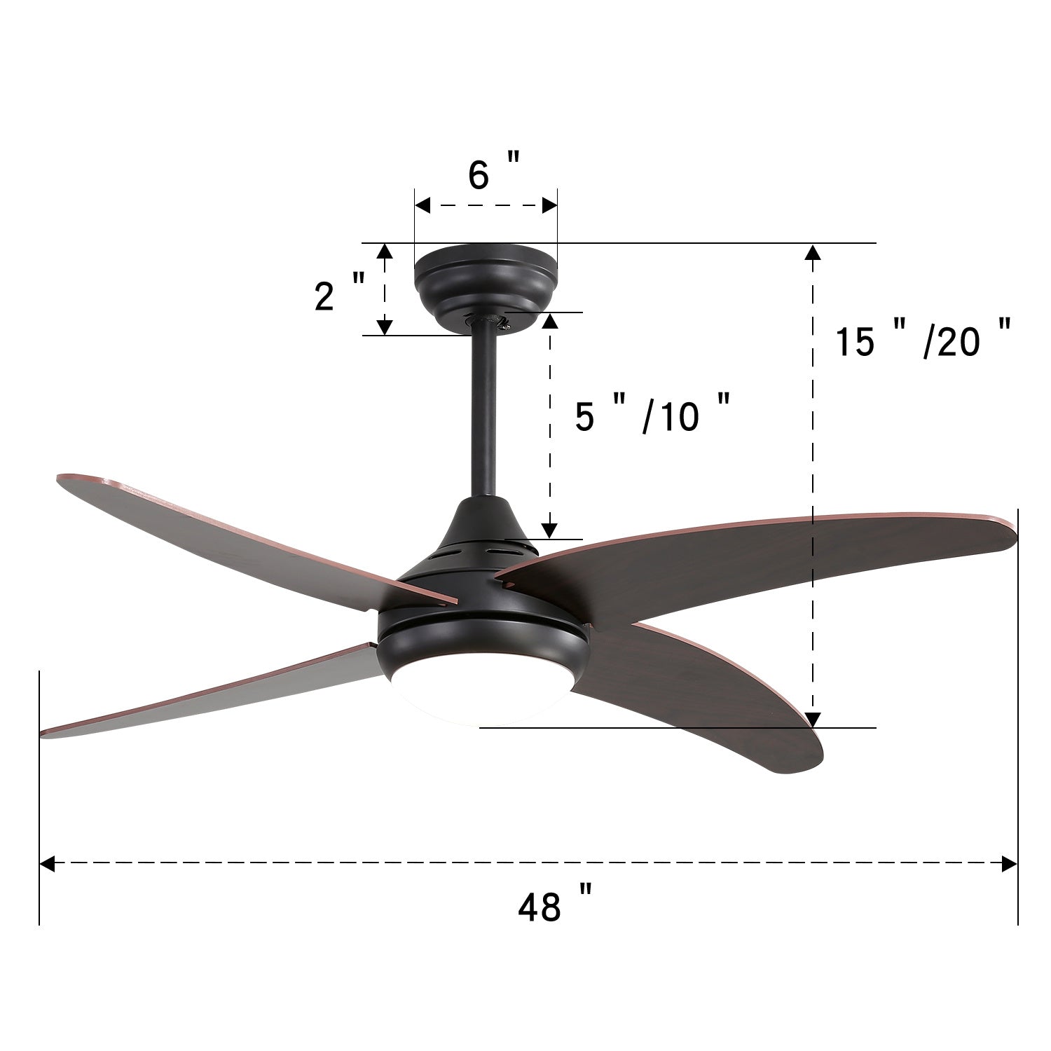 48 Inch Dark Brown Ceiling Fan With Lights And Remote Modern 4 Blade Black Fan