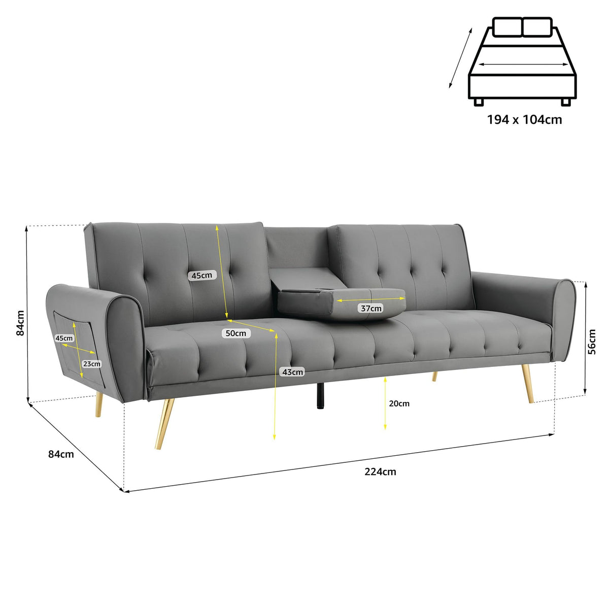 Lora Faux Leather Sofa Bed 3 Seater | Light Grey