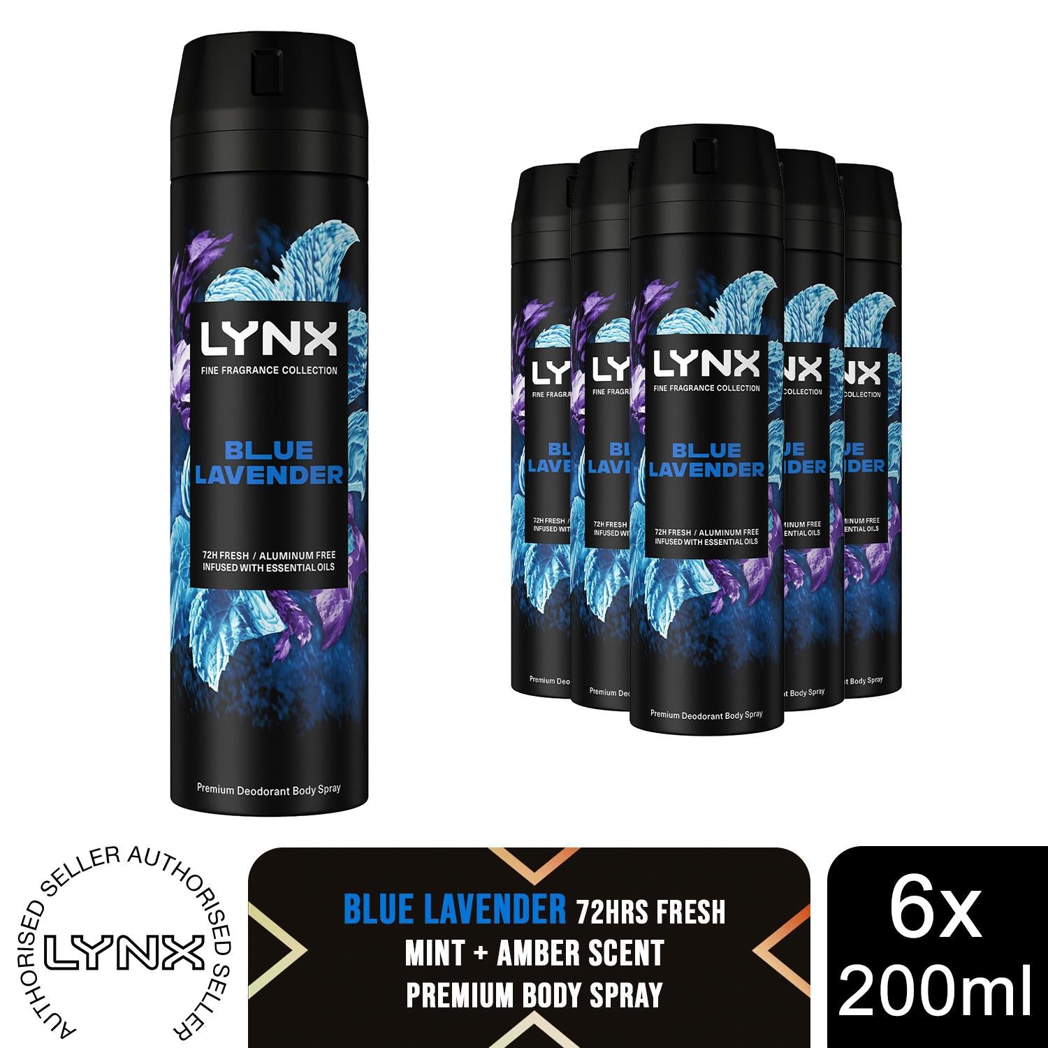 Fine Fragrance Collection Blue Lavender Body Spray Deodorant 200ml, 6 Pack