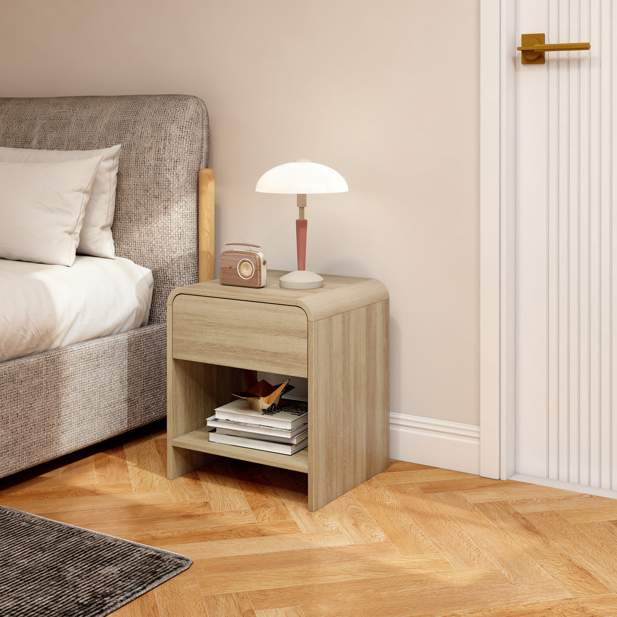 HOMCOM Bedside Tables Set Of 2, Rounded Corner Nightstand Drawer Natural
