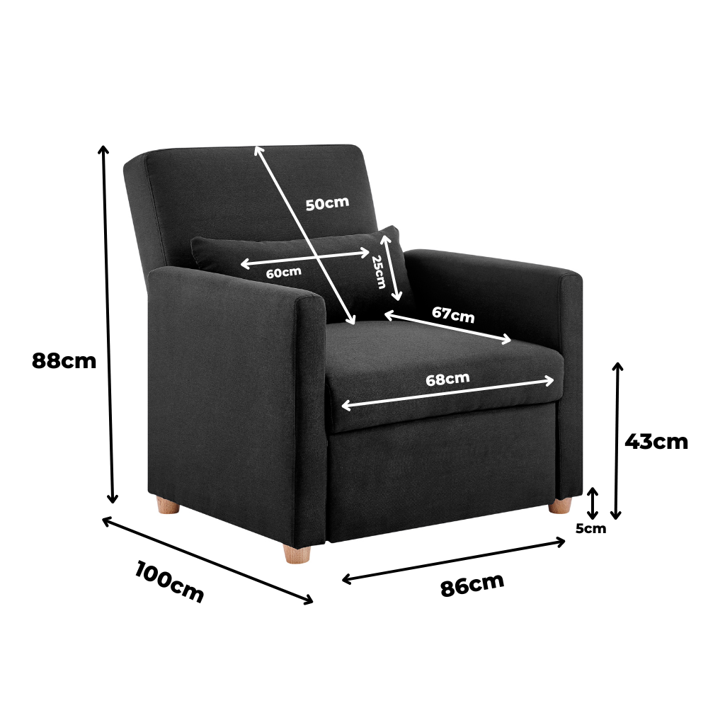 Pull Out Single Linen Armchair Bed - 1 Seater | Black