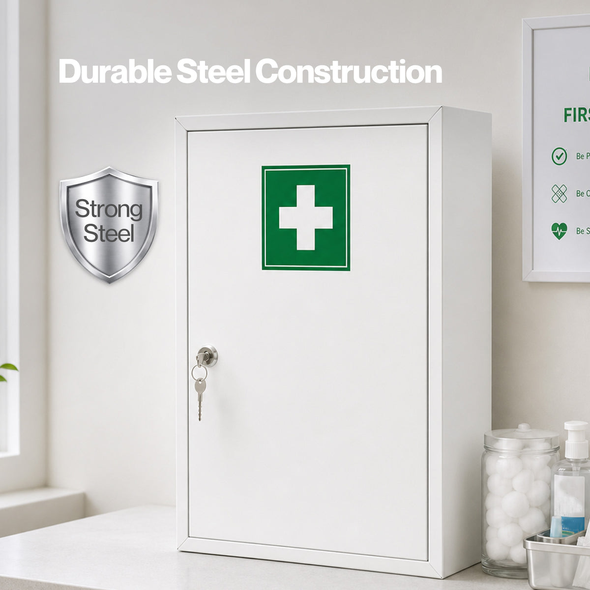 Medicine Cabinet Lockable Wall Mounted Storage Box Metal Home,white