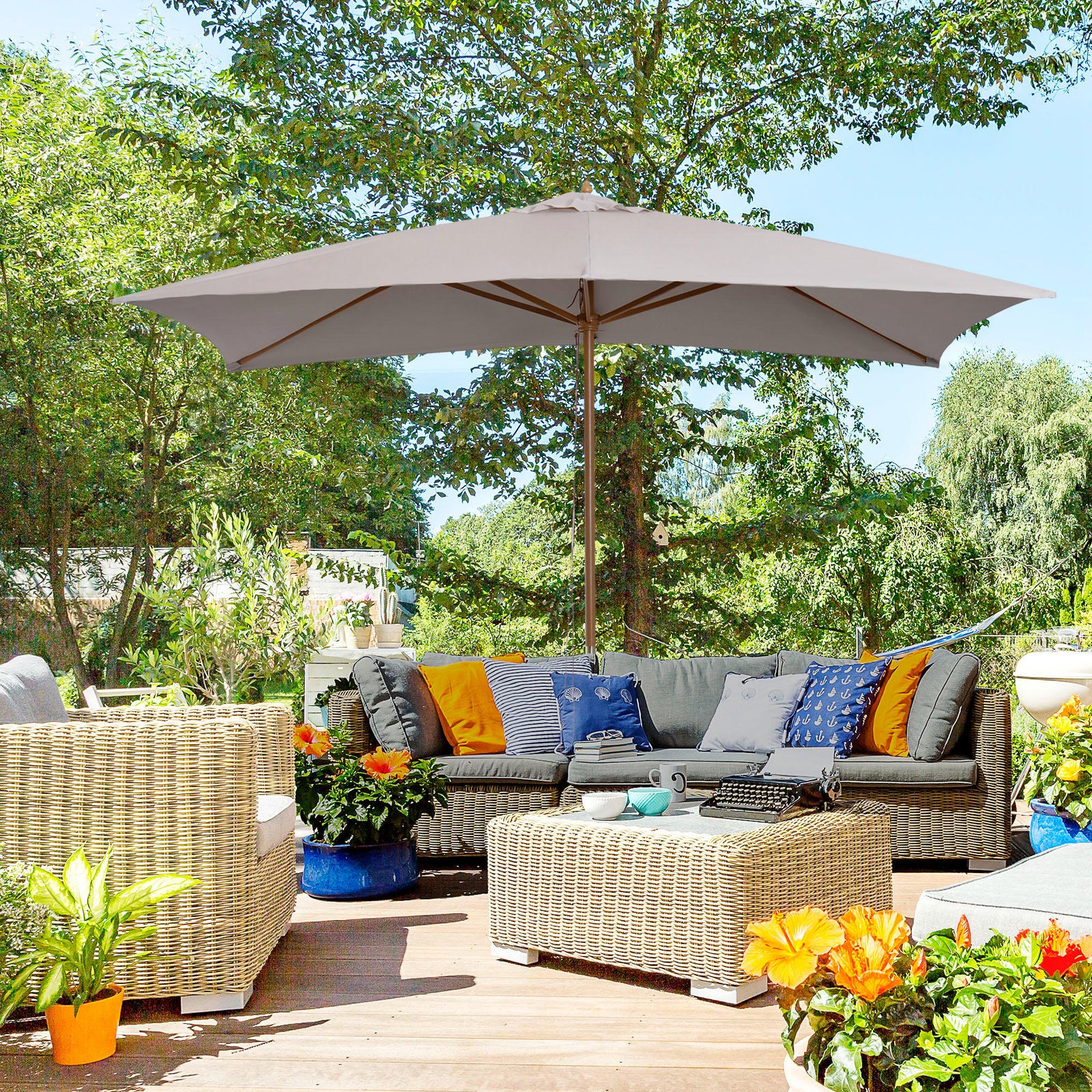 Wooden Garden Parasol Sun Shade Outdoor Umbrella Canopy | Gray