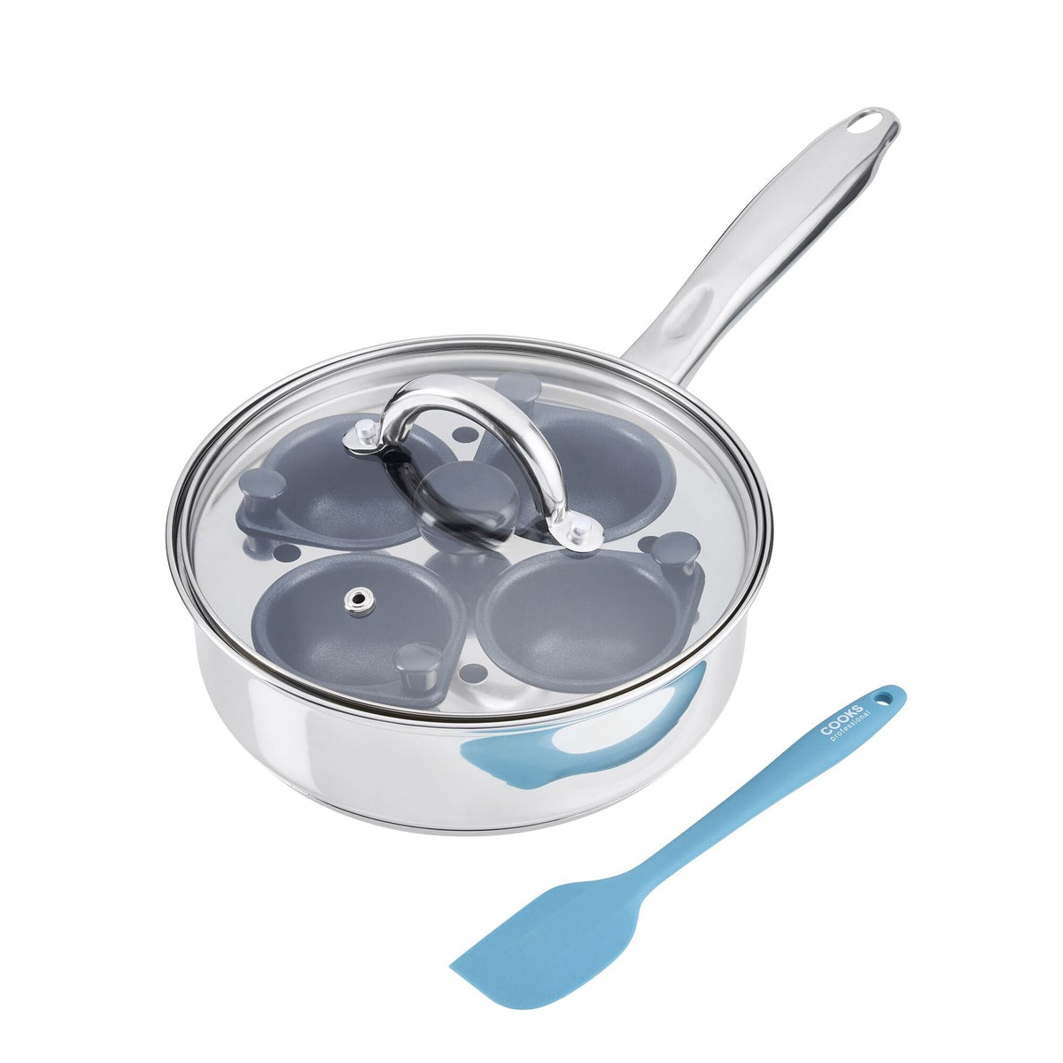 Stainless Steel Egg Poacher Pan With Spatula | 4 Cup | Silver