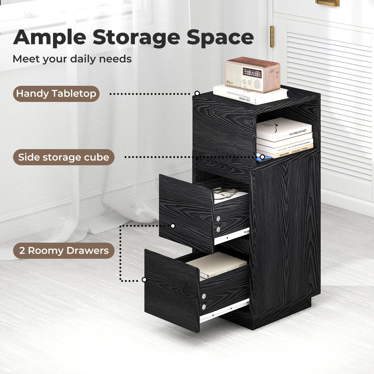 Slim Bedside Table Storage Nightstand With 2 Drawers & Open Shelf | Black
