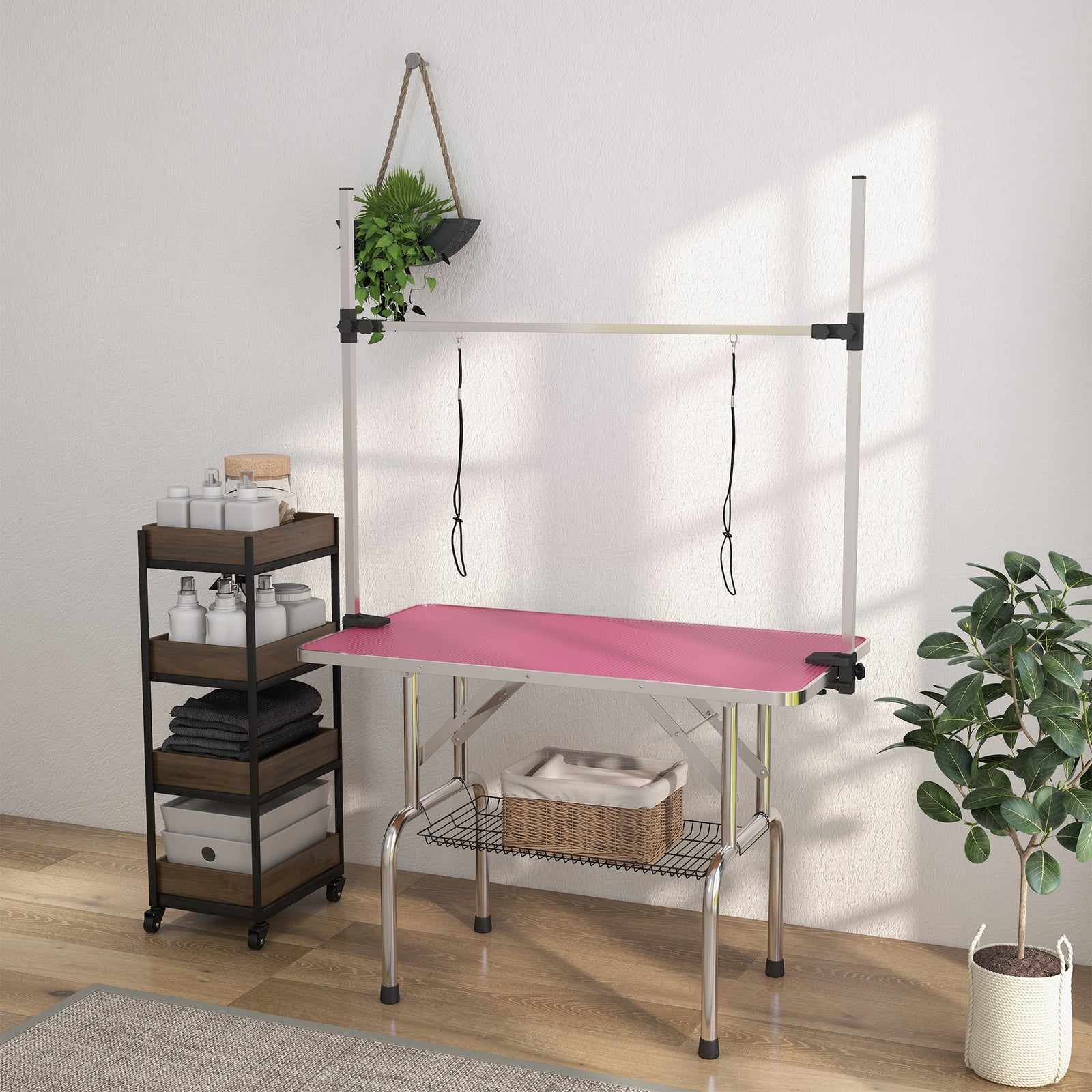 Metal Adjustable Dog Grooming Table Rubber Top 2 Safety Slings Mesh | Pink