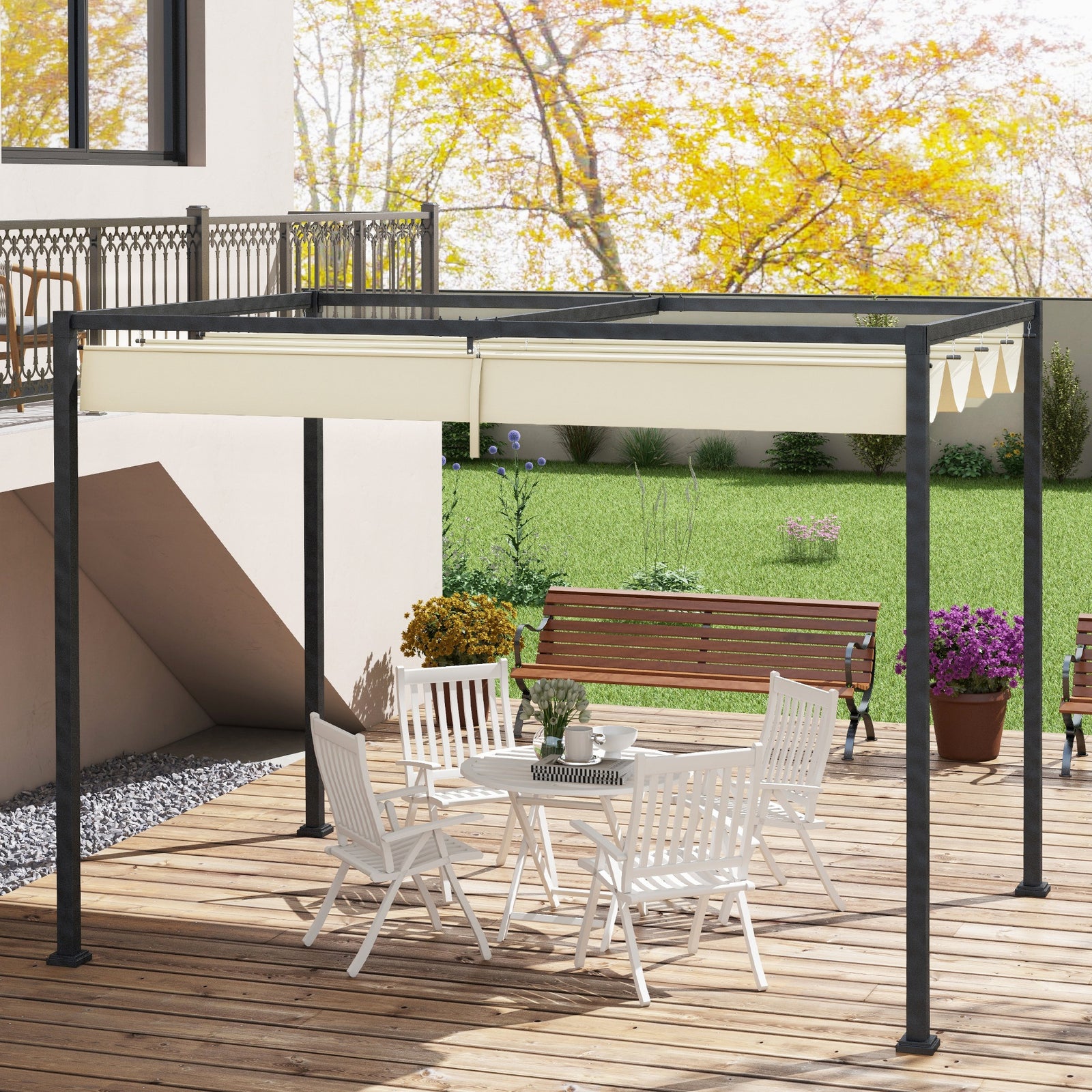 3x2m Metal Pergola Gazebo Retractable Canopy Cream