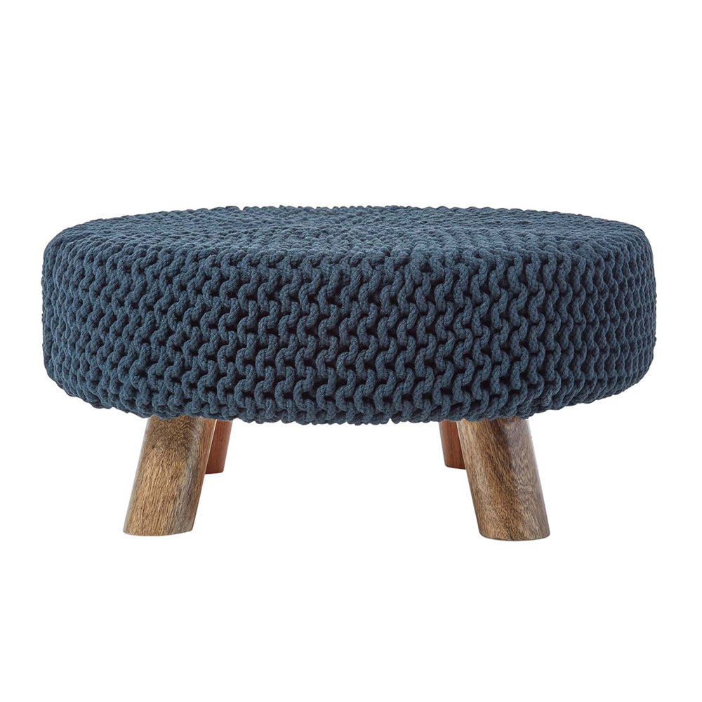 HOMESCAPES Black Large Round Cotton Knitted Footstool On Legs