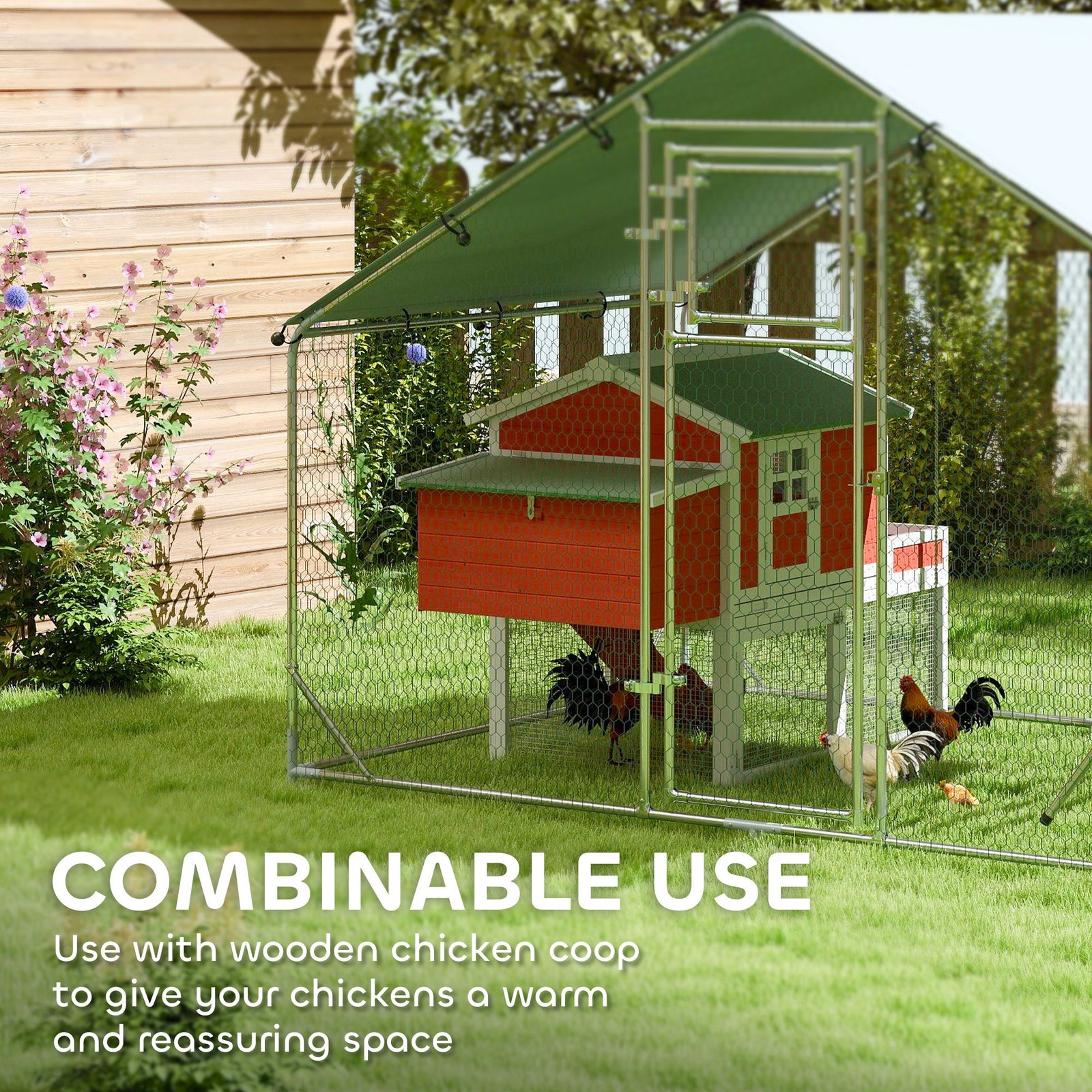 Walk In Chicken Run W/ Cover, Hanging Feeder, Perch | Small | Silver