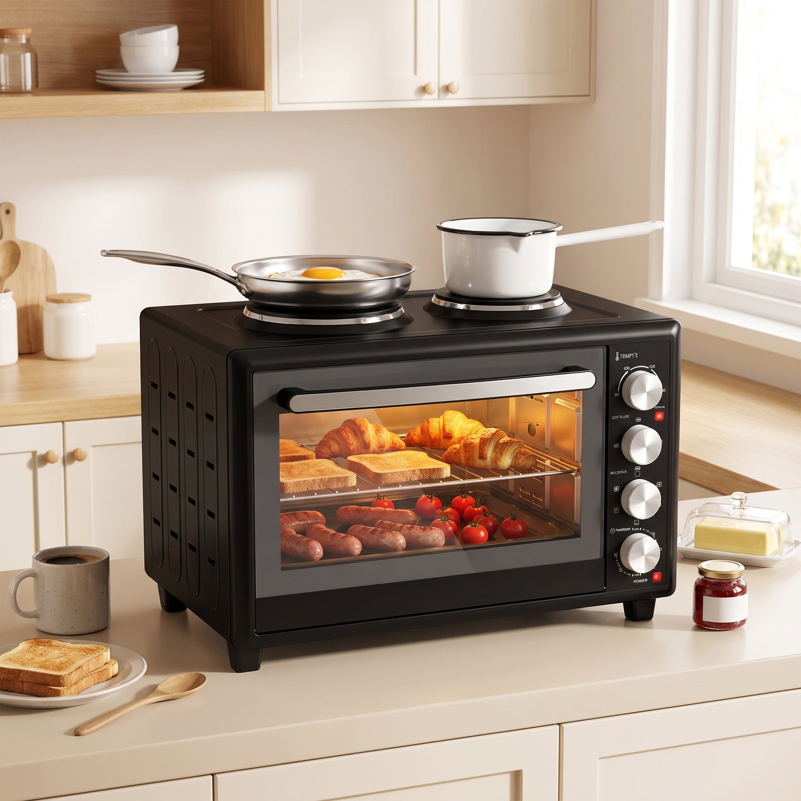 Mini Oven With Dual Hot Plates, Electric Countertop Cooker | 46l | Black