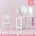 Kids Vanity Table And Stool With Lights, Tri-folding Mirror, White